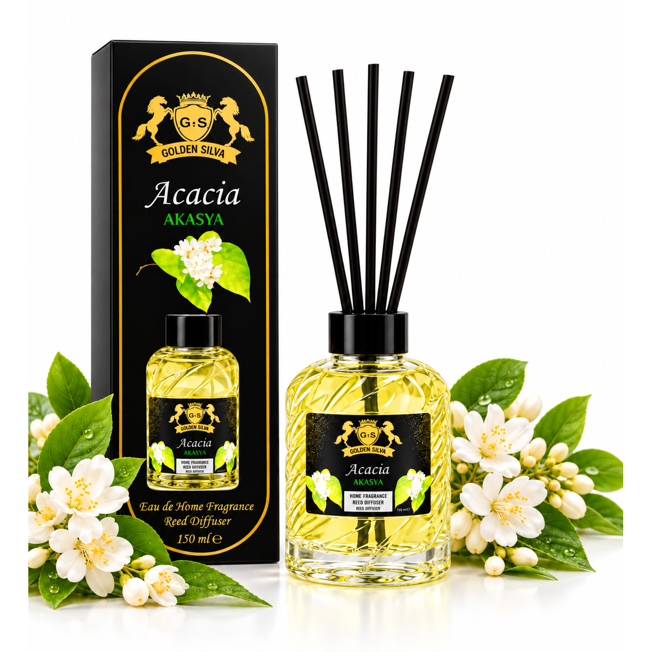 Golden Silva Acacia home fragrance reed diffuser 150 ml with retail packaging - Royalsperfume