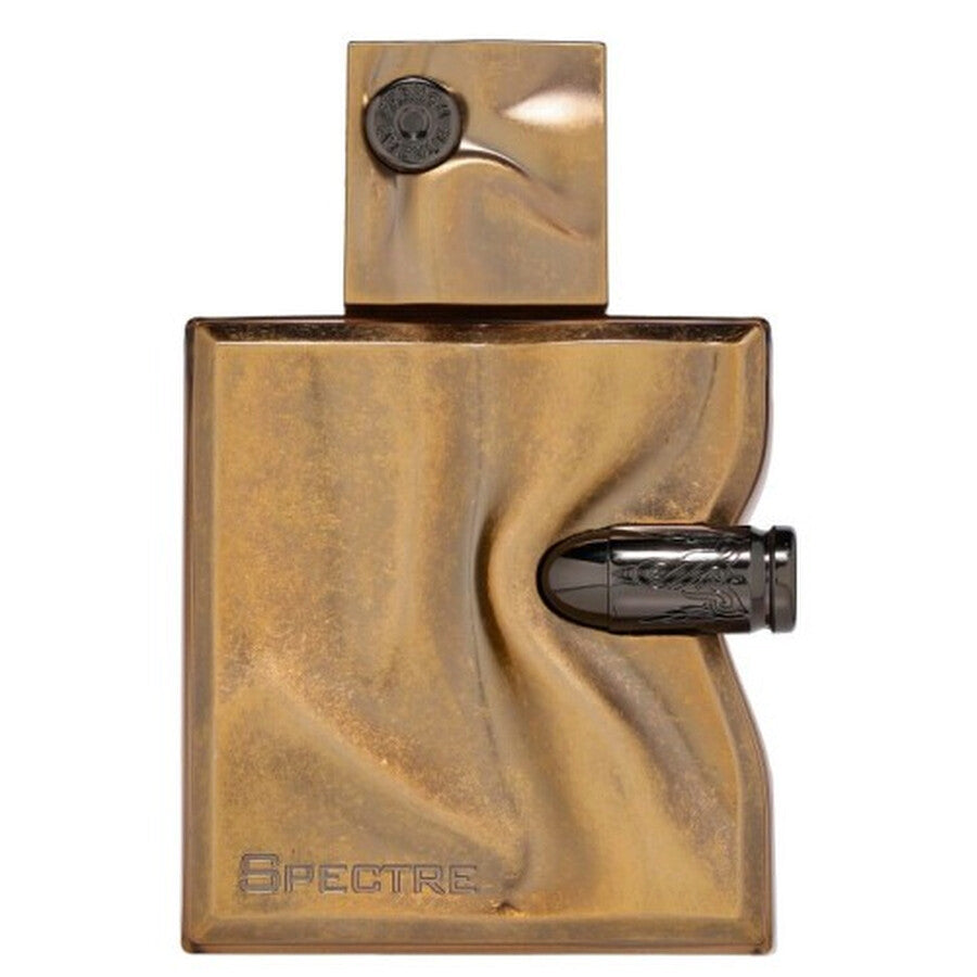 Spectre by Fragrance World EDP 80ml — bronze crumpled metal bottle with a dark bullet shaped spray on the side