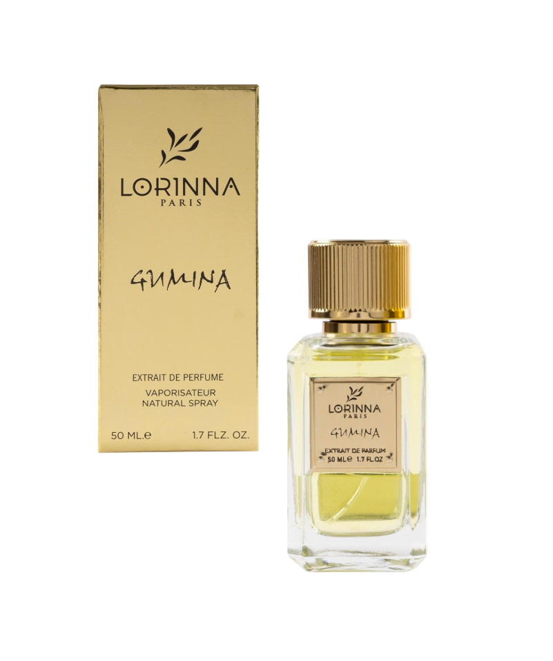 Lorinna Gumina Extrait de Parfum 50ml bottle and packaging featuring a luxurious woody fragrance with citrus, floral and agarwood notes.