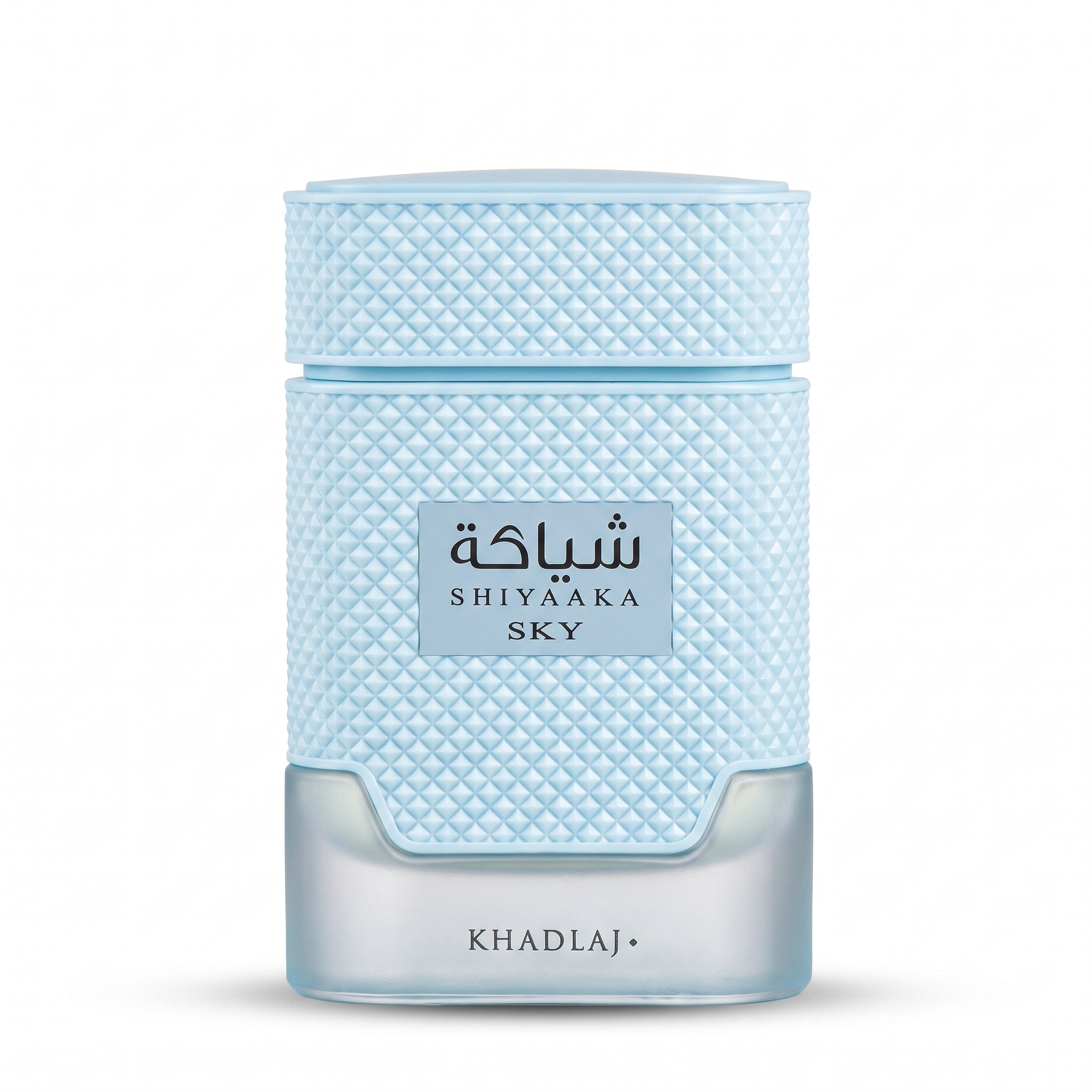 Shiyaaka Sky by Khadlaj EDP 100 ml — pale blue quilted glass bottle on a white background