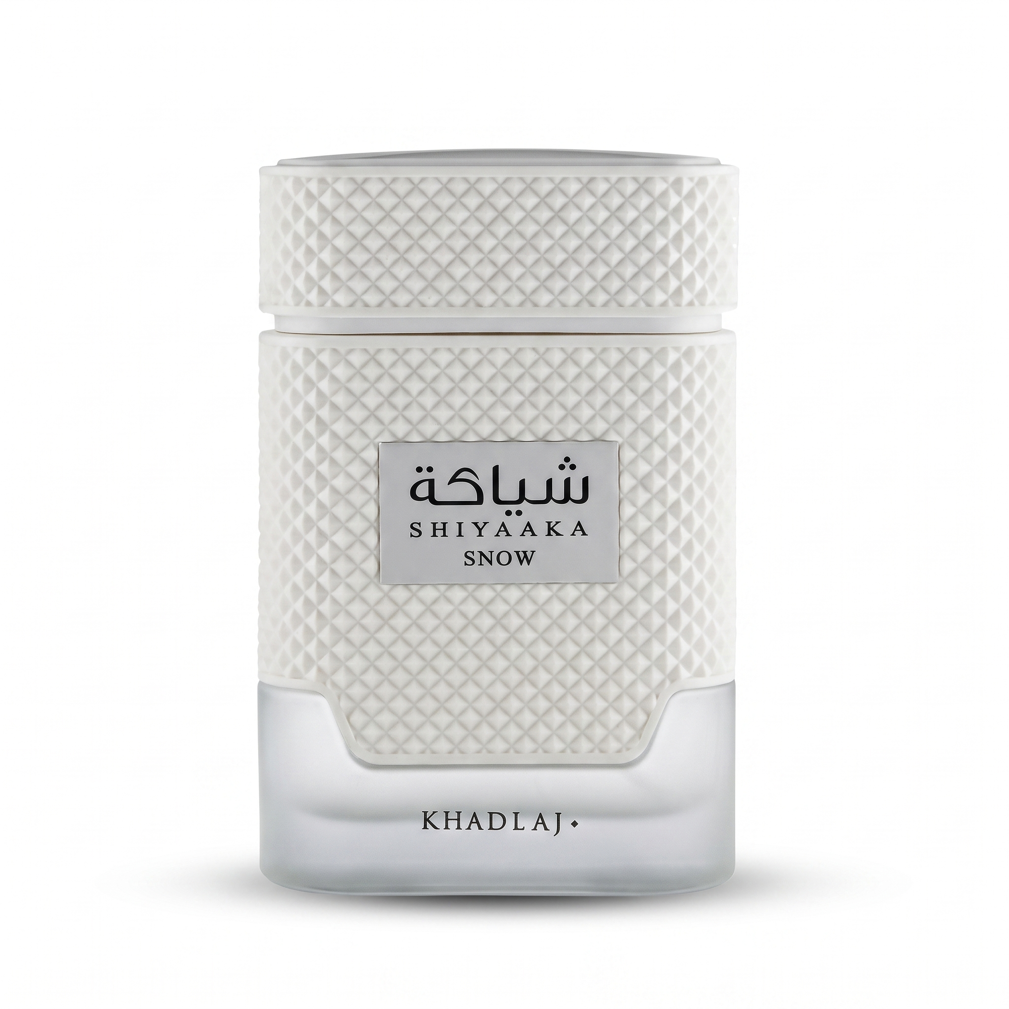 Shiyaaka Snow by Khadlaj EDP 100 ml — white quilted glass bottle on a white background