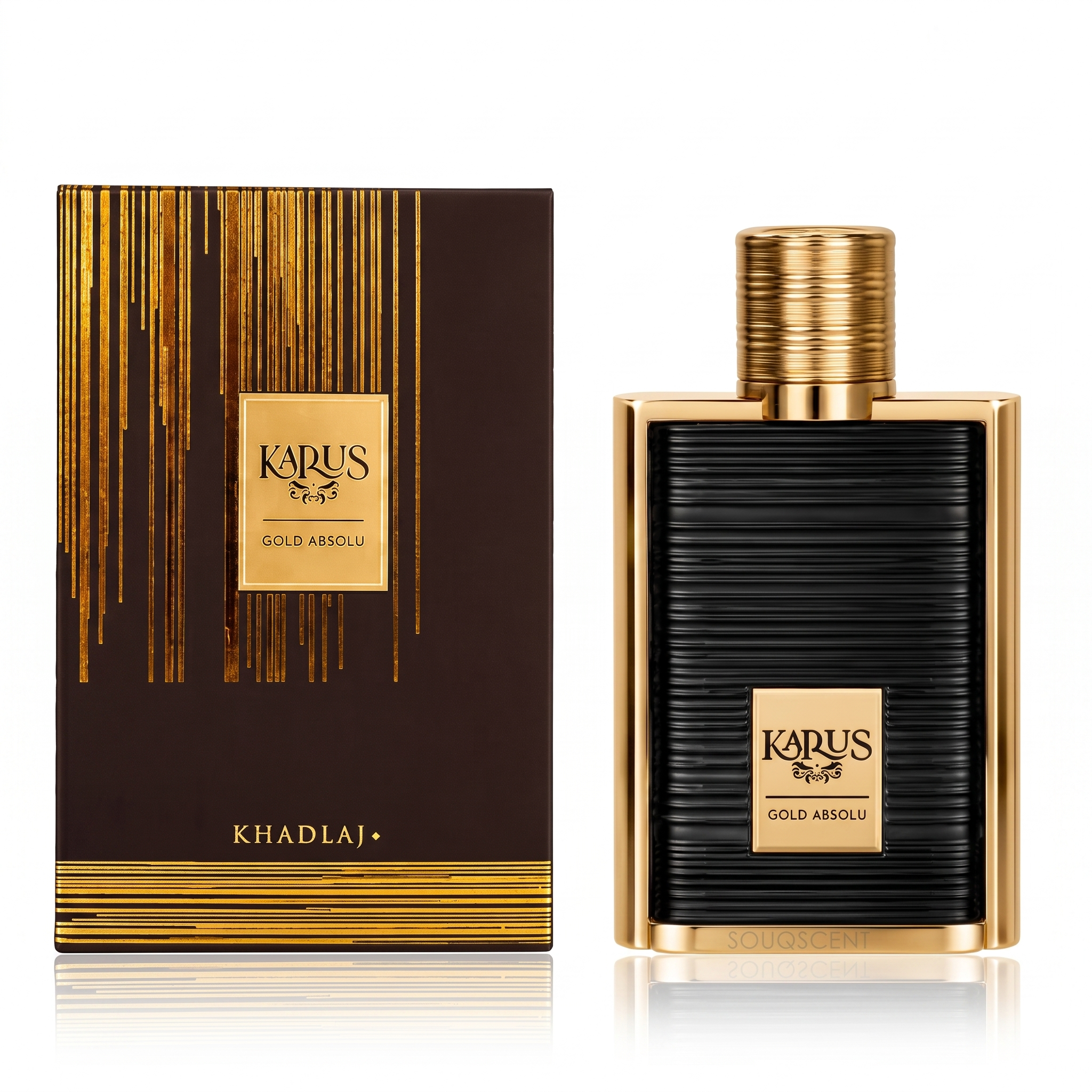 Karus Gold Absolu by Khadlaj EDP 100 ml — bottle with its gold-striped presentation box