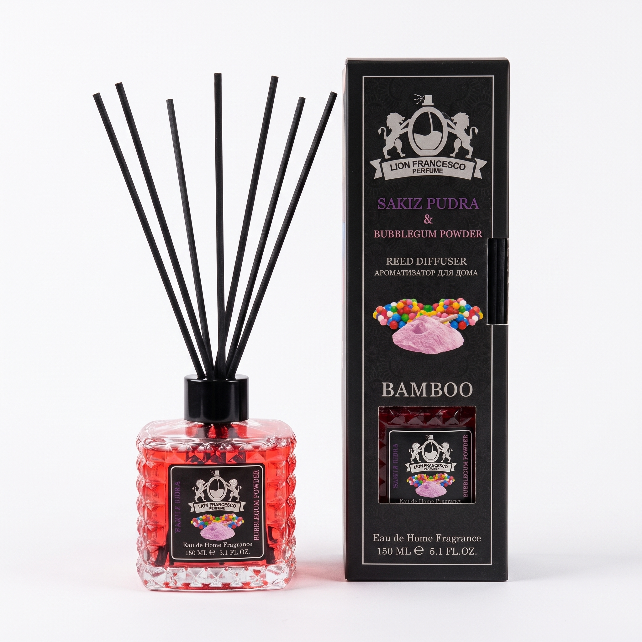 Lion Francesco Bubblegum & Powder reed diffuser 150 ml with black bamboo reeds and its gift box