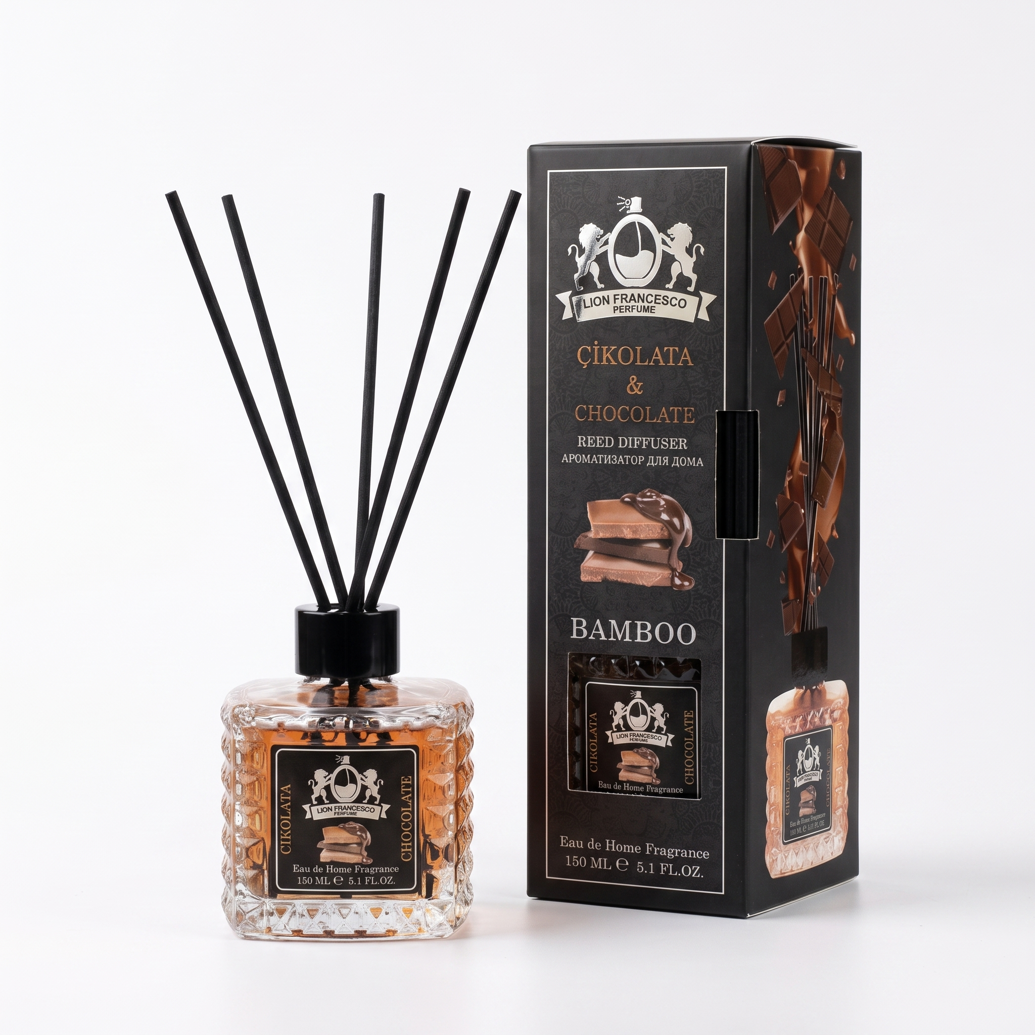 Lion Francesco Chocolate reed diffuser 150 ml with black bamboo reeds and its gift box