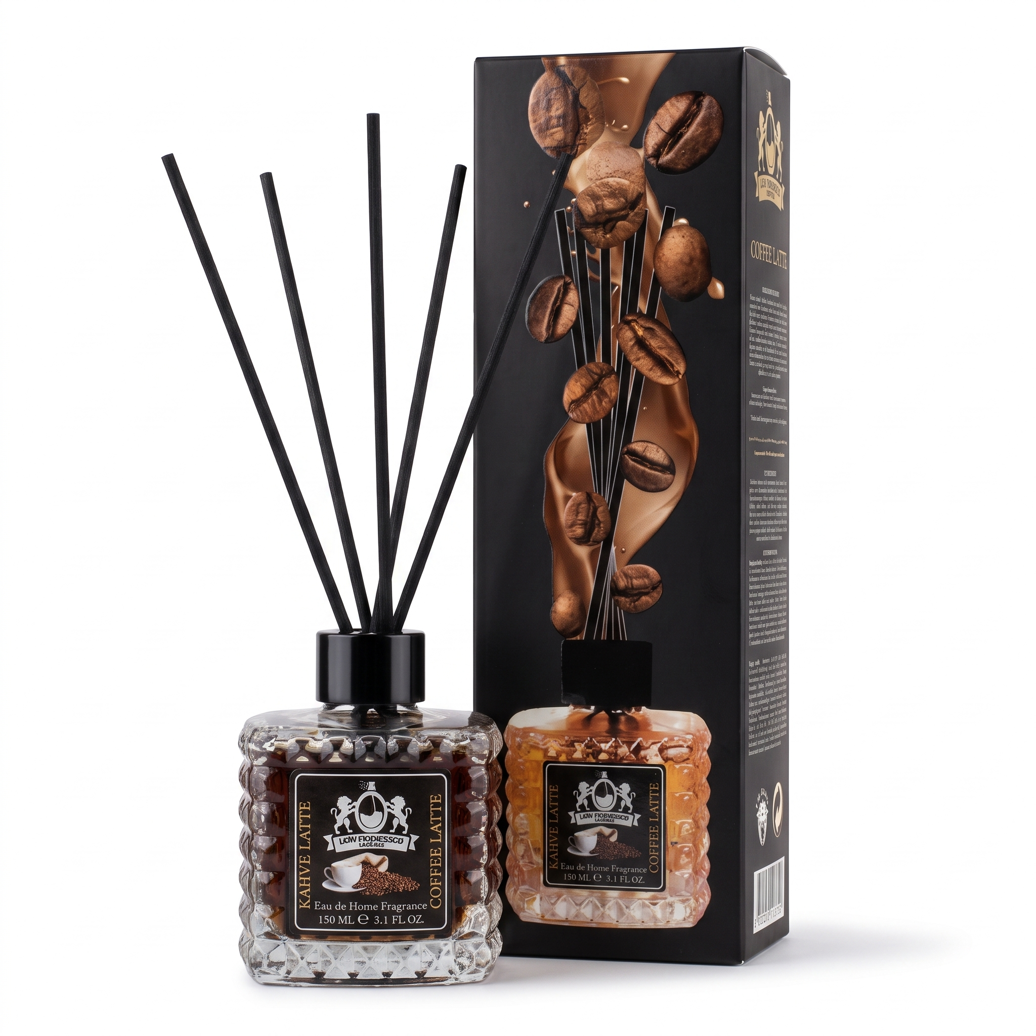 Lion Francesco Coffee Latte reed diffuser 150 ml with black bamboo reeds and its gift box