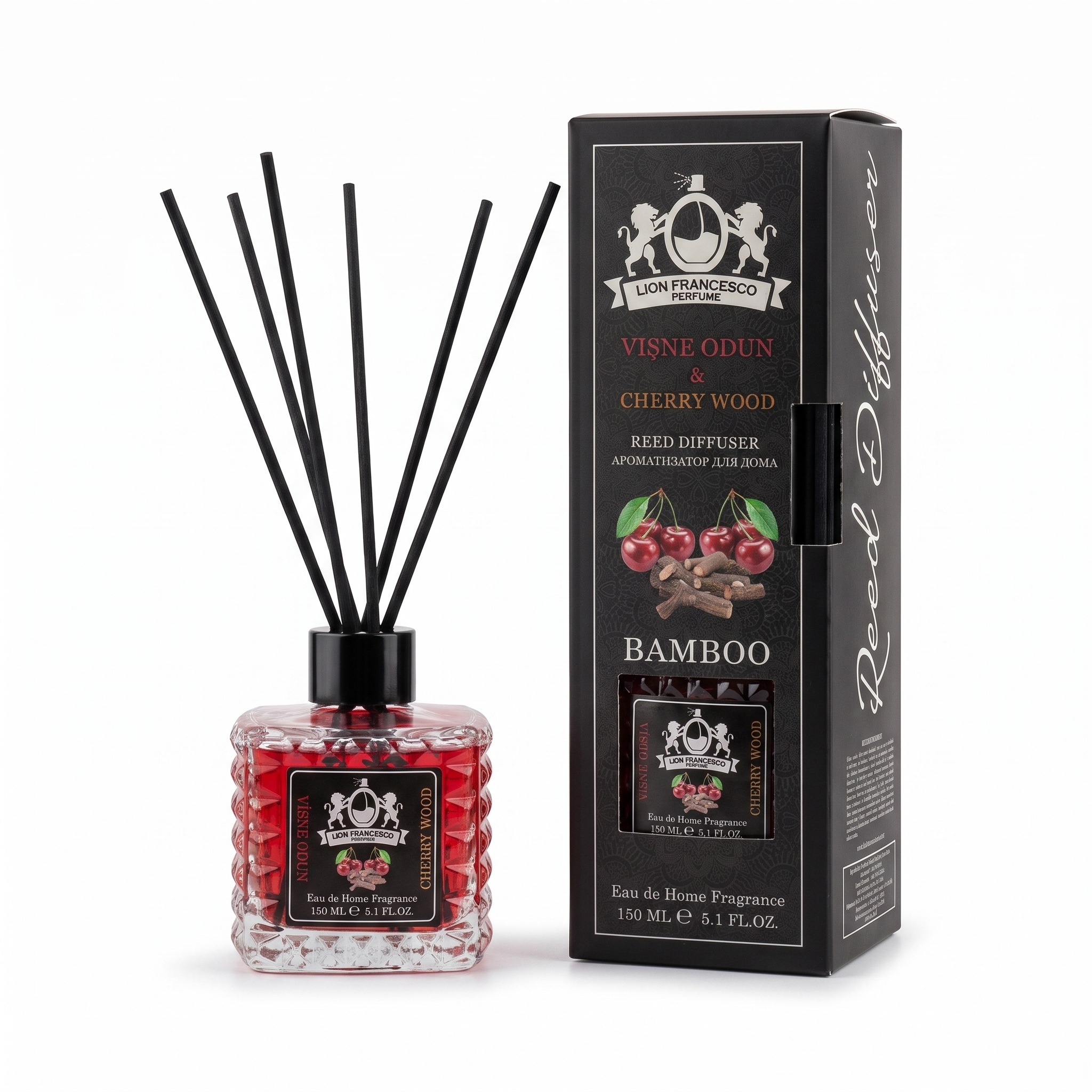 Lion Francesco Cherry & Wood reed diffuser 150 ml with black bamboo reeds and its gift box