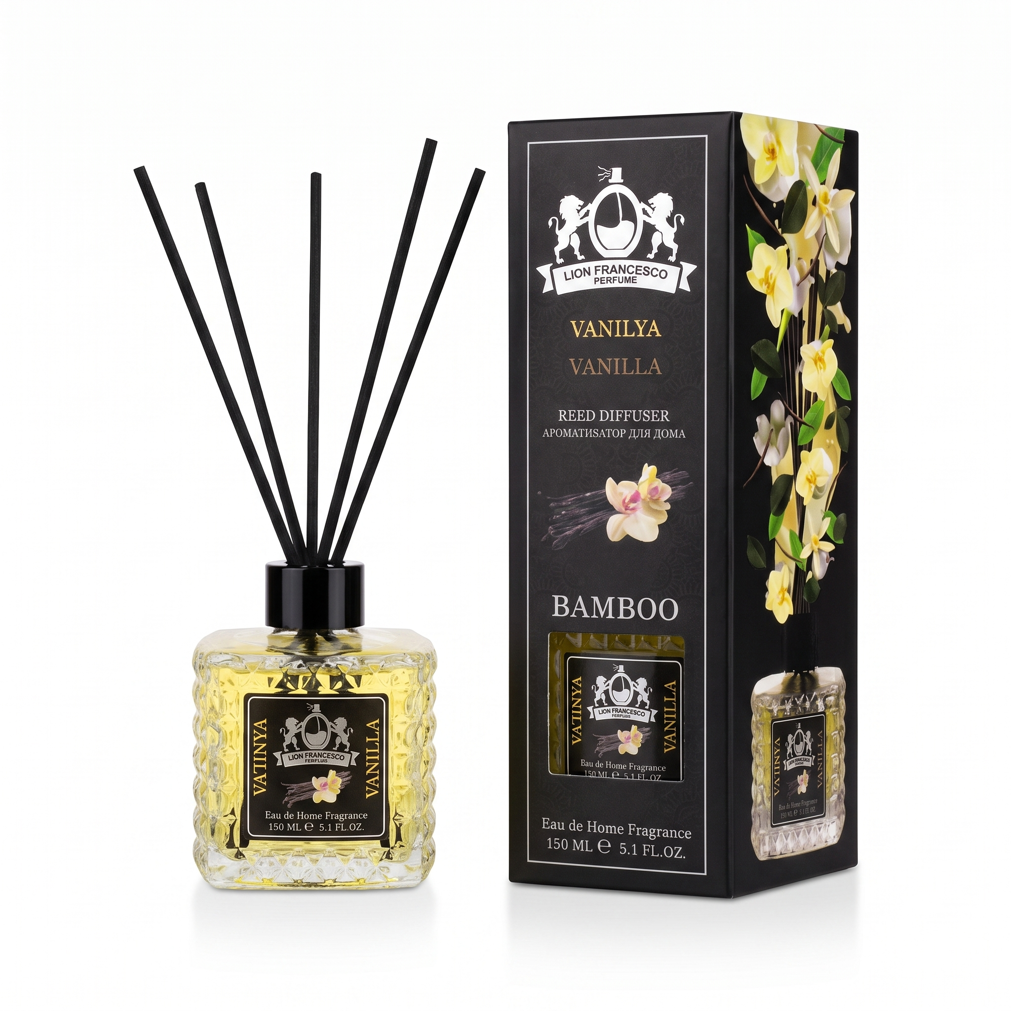 Lion Francesco Vanilla reed diffuser 150 ml with black bamboo reeds and its gift box