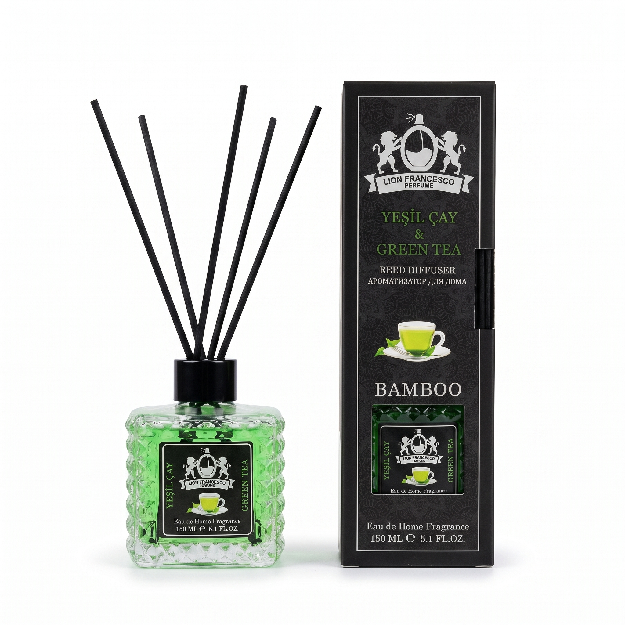 Lion Francesco Green Tea reed diffuser 150 ml with black bamboo reeds and its green tea gift box