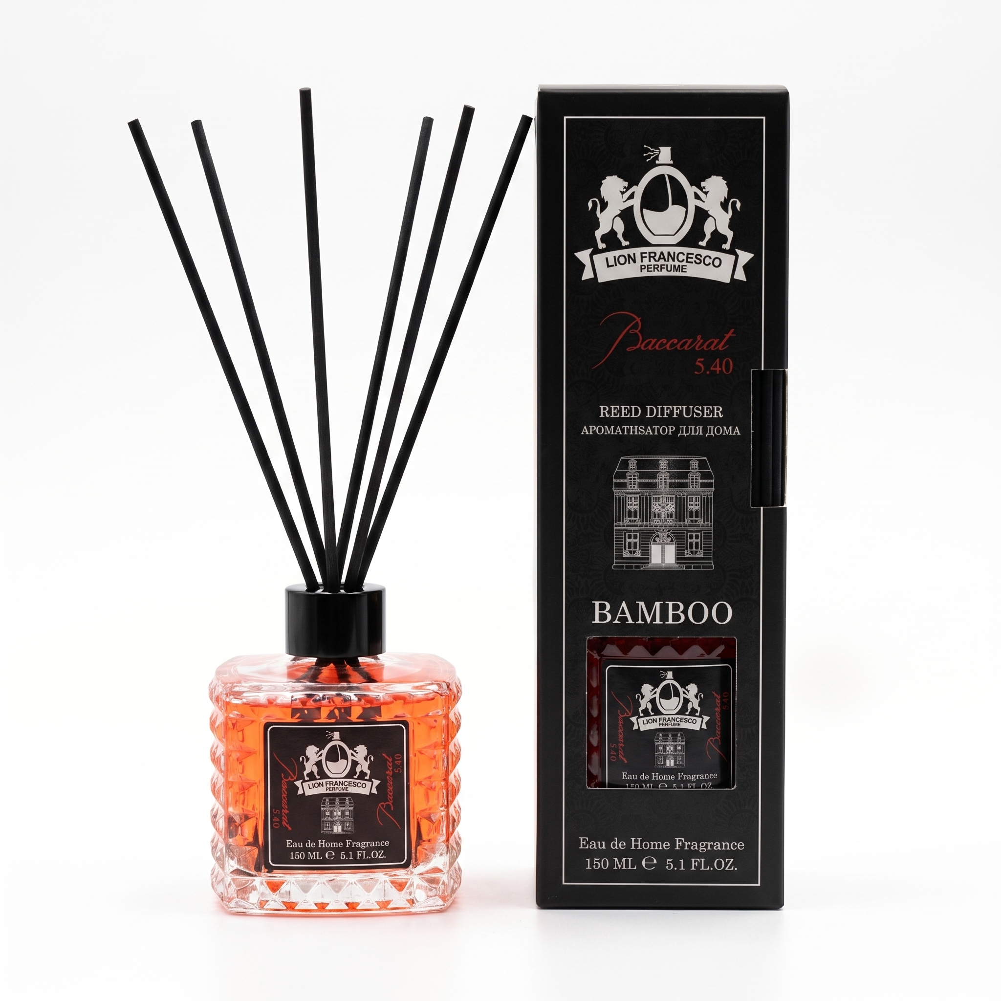 Lion Francesco Baccarat 5.4.0 reed diffuser 150 ml with black bamboo reeds and its gift box