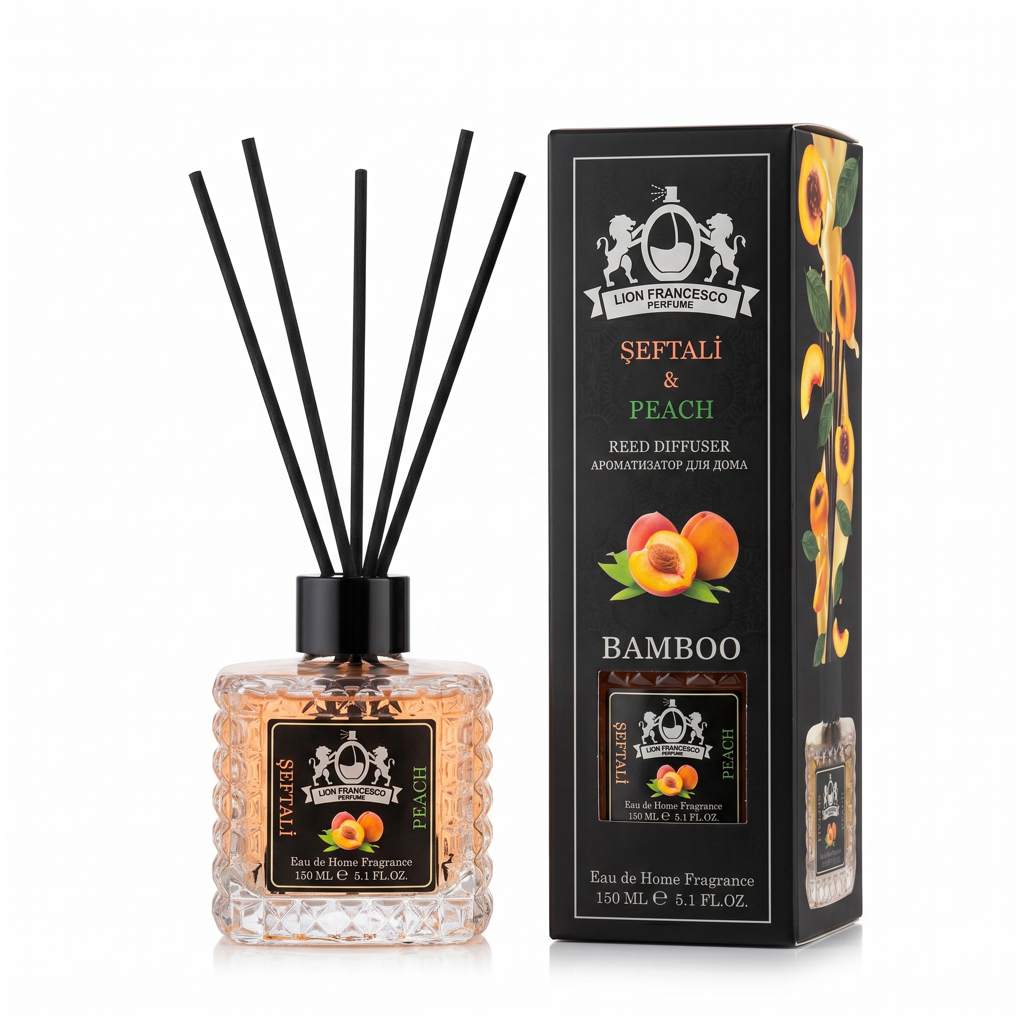 Lion Francesco Peach reed diffuser 150 ml with black bamboo reeds and its gift box