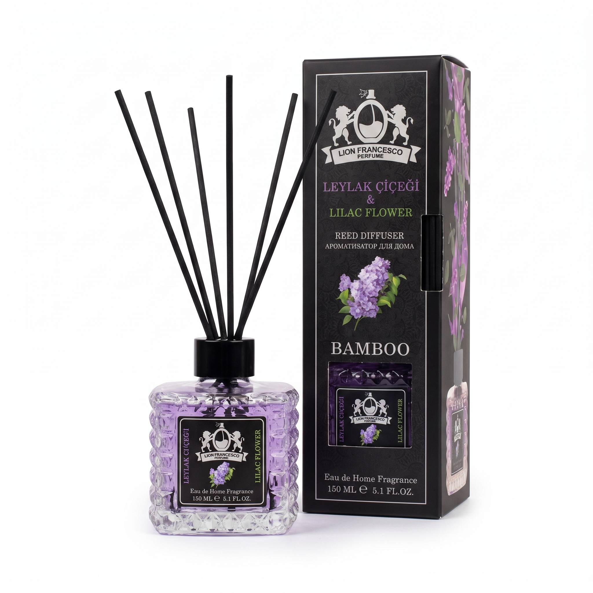 Lion Francesco Lilac Flower reed diffuser 150 ml with black bamboo reeds and its gift box
