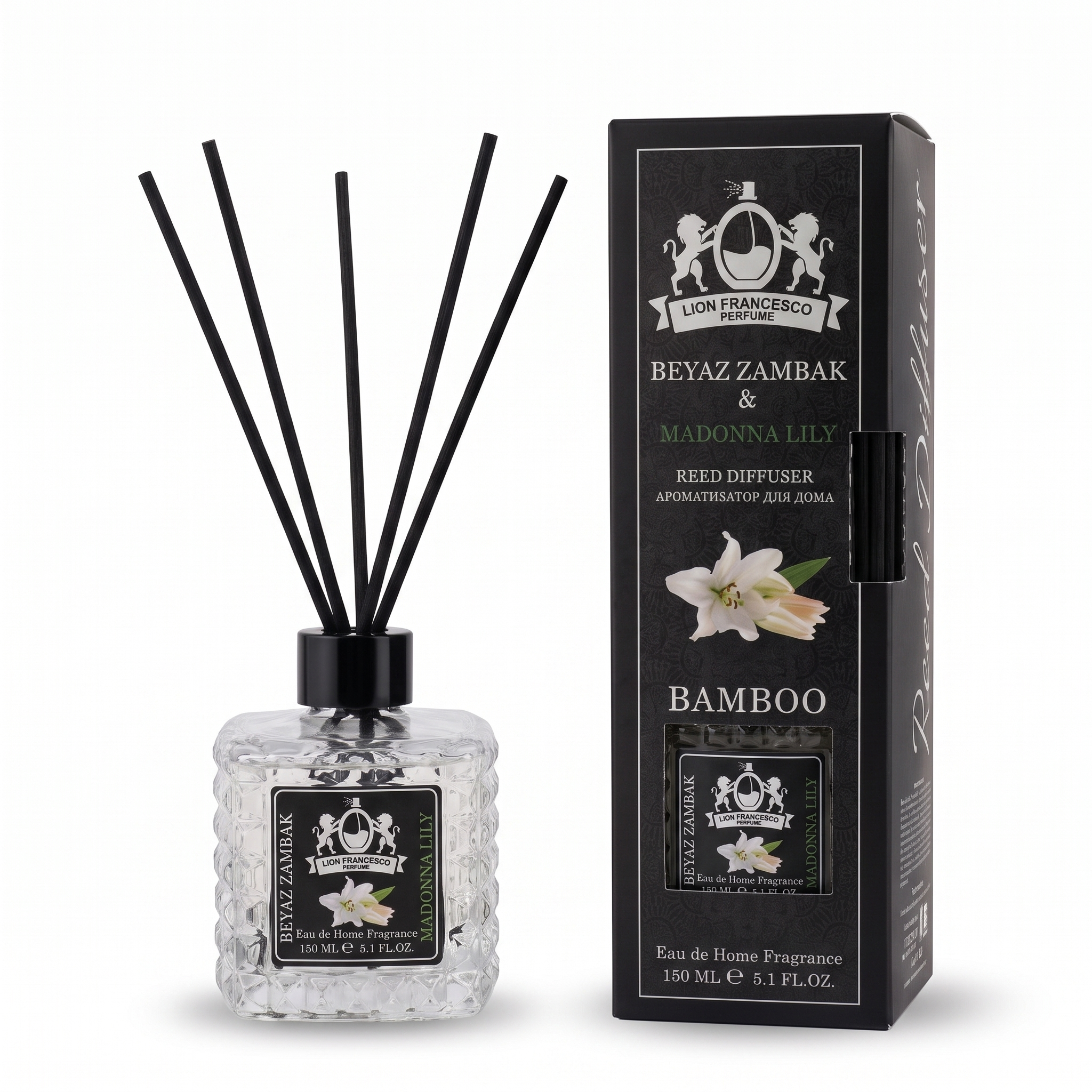 Lion Francesco Madonna Lily reed diffuser 150 ml with black bamboo reeds and its gift box