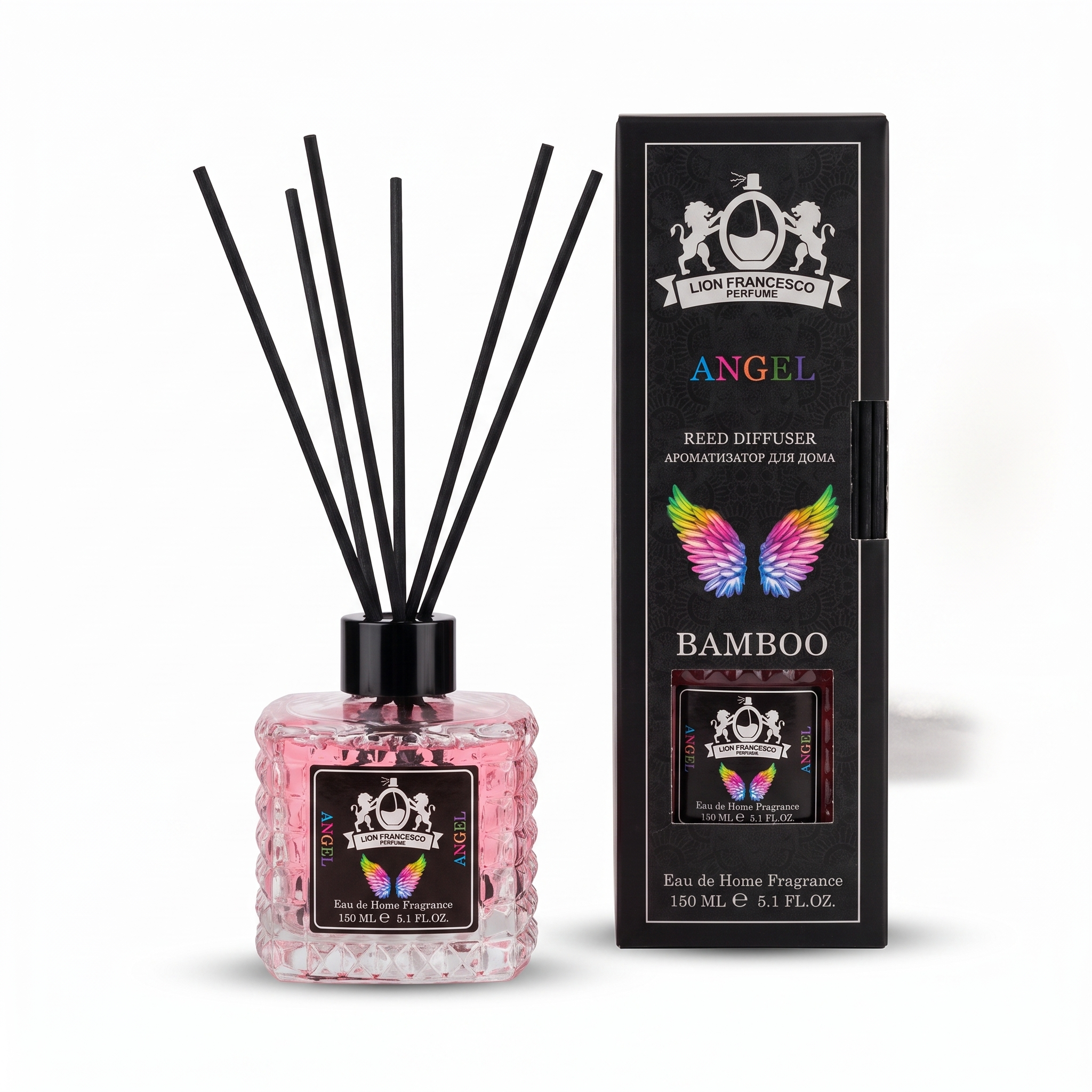 Lion Francesco Angel reed diffuser 150 ml with black bamboo reeds and its gift box