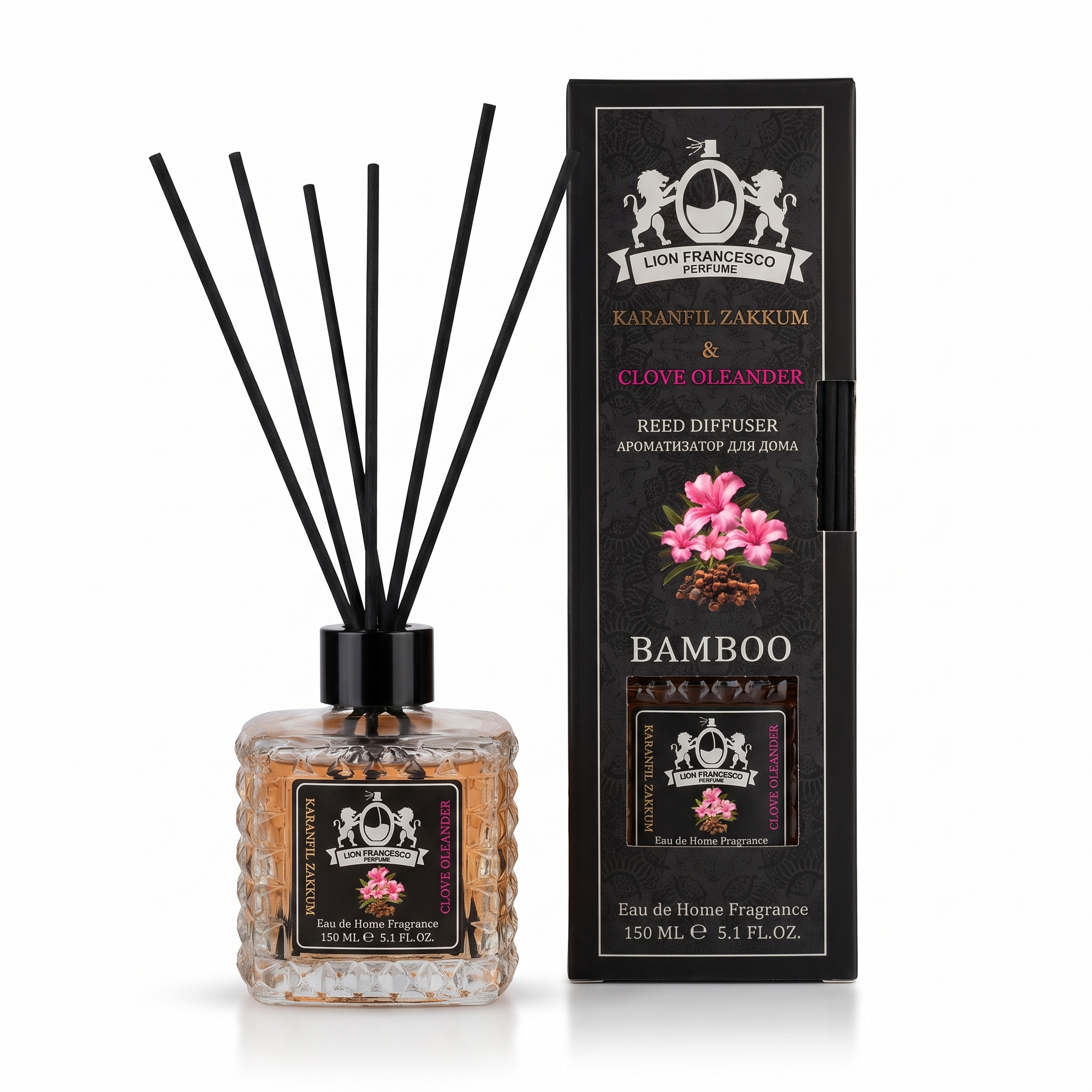 Lion Francesco Clove Oleander reed diffuser 150 ml with black bamboo reeds and its gift box