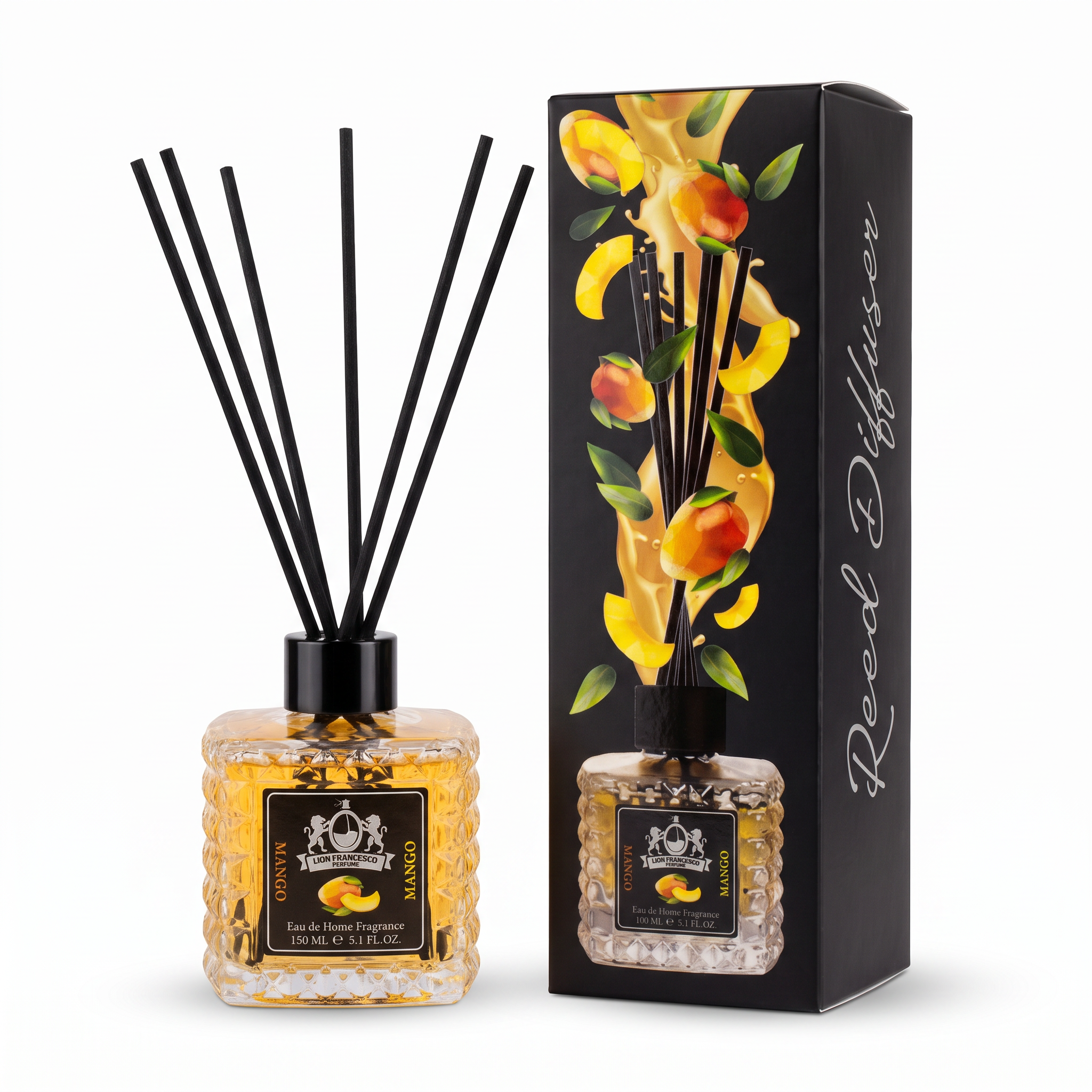 Lion Francesco Mango reed diffuser 150 ml with black bamboo reeds and its gift box