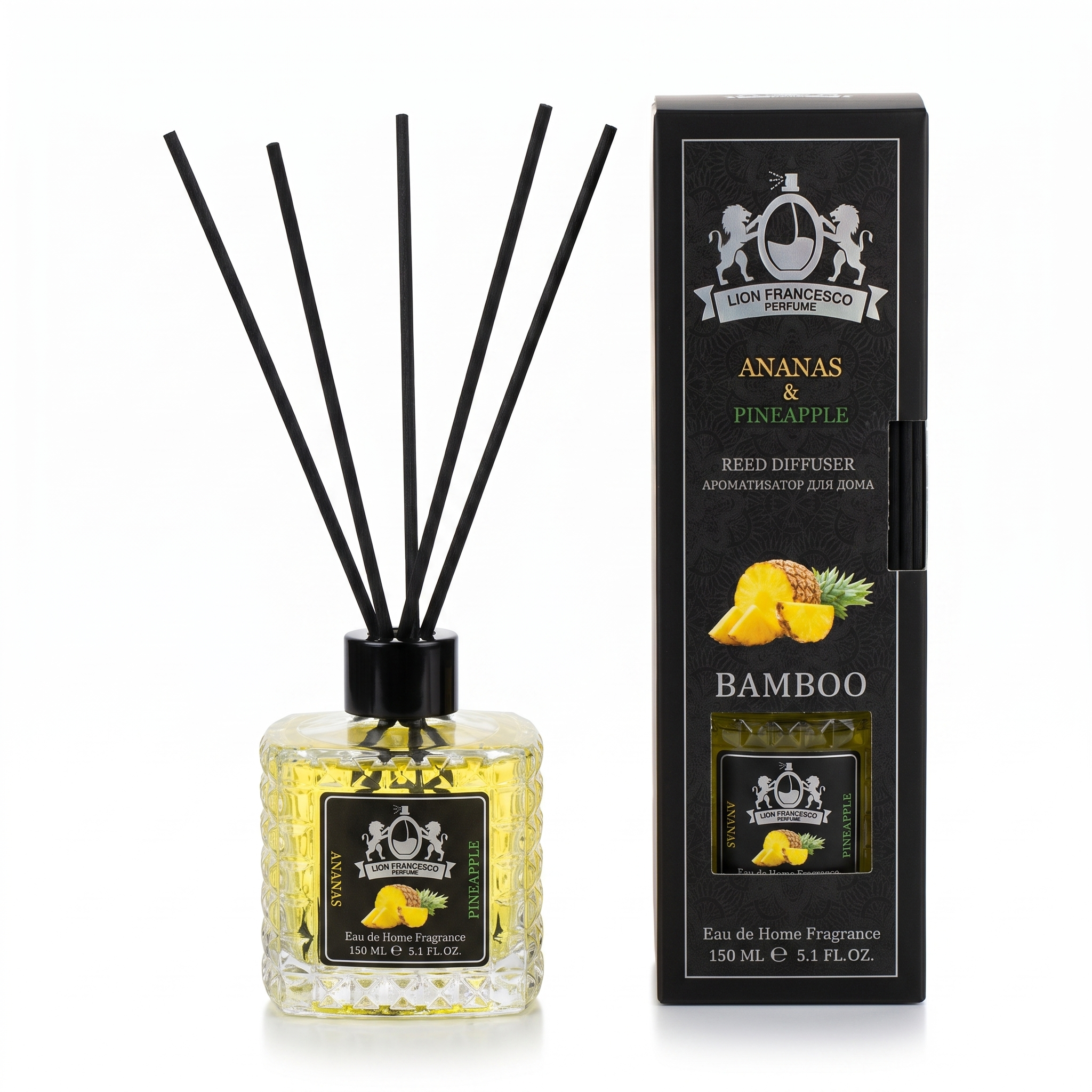 Lion Francesco Pineapples reed diffuser 150 ml with black bamboo reeds and its gift box
