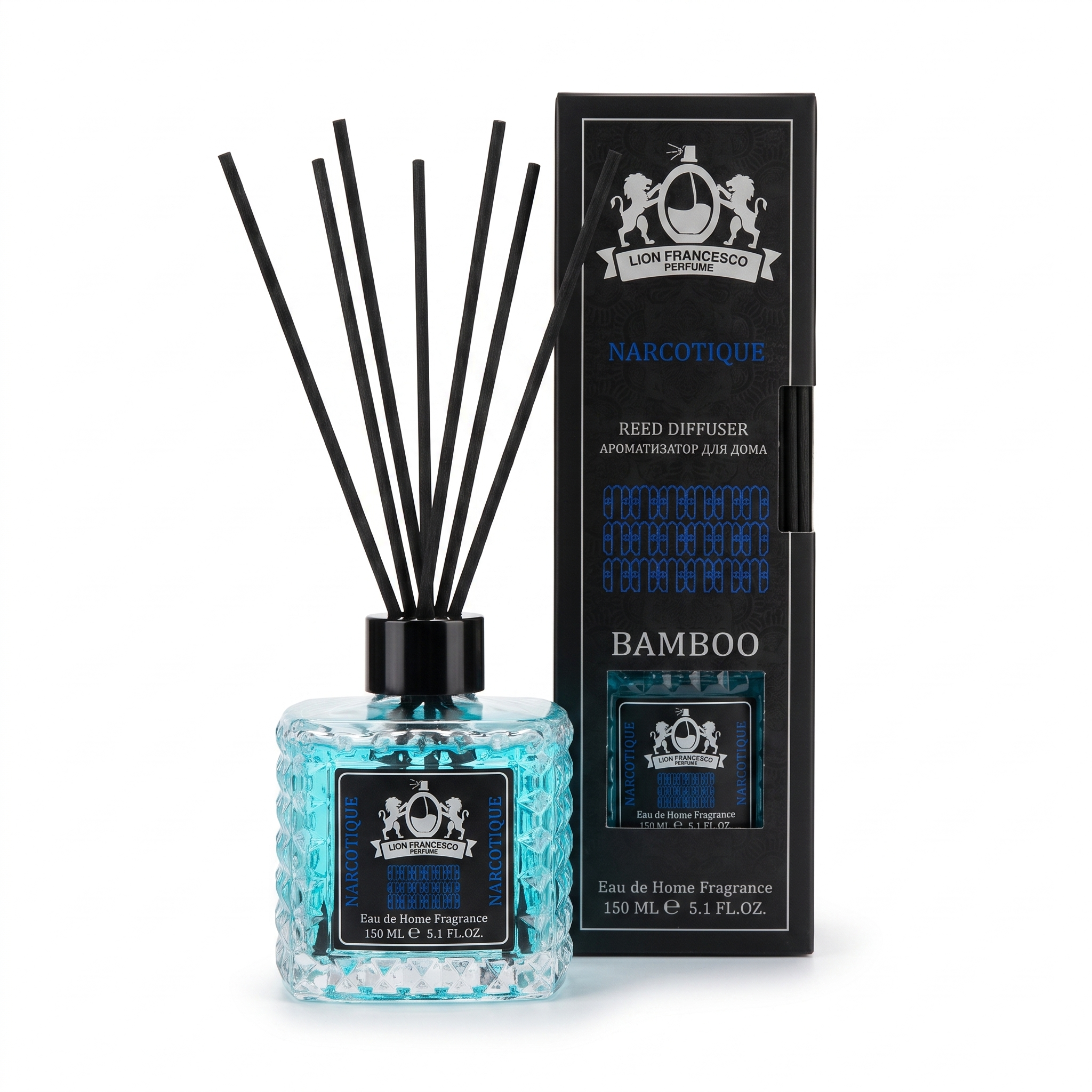 Lion Francesco Narcotique reed diffuser 150 ml with black bamboo reeds and its gift box