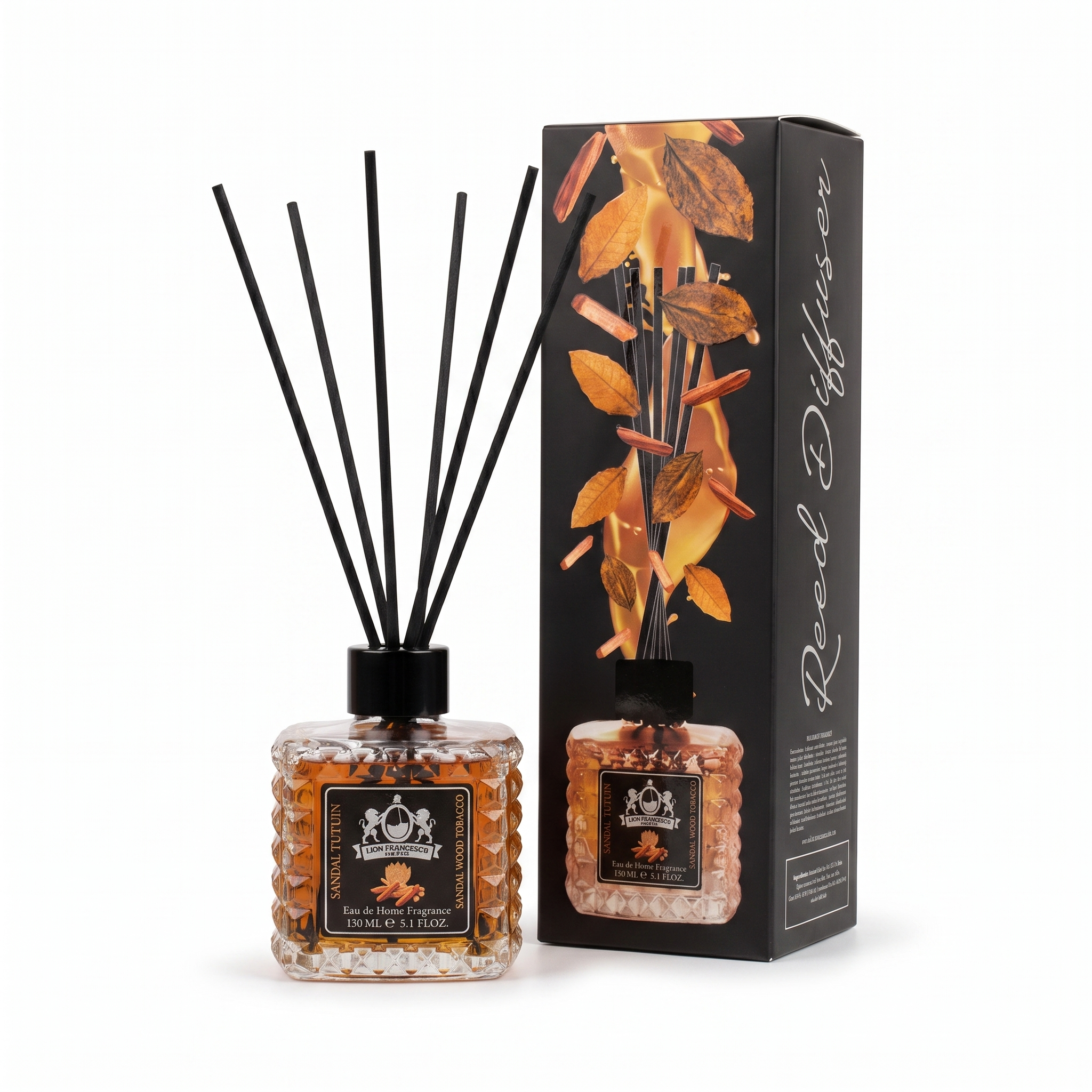Lion Francesco Sandalwood & Tobacco reed diffuser 150 ml with black bamboo reeds and its gift box