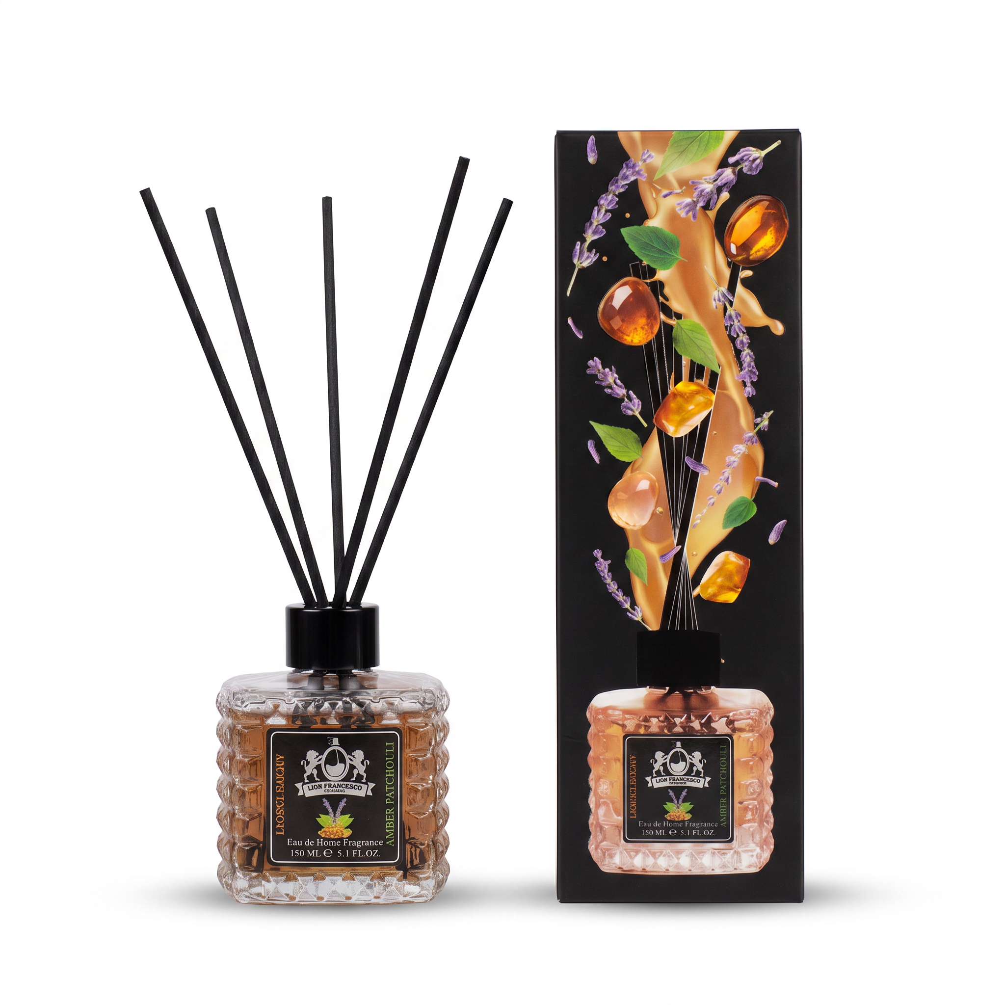 Lion Francesco Amber & Patchouli reed diffuser 150 ml with black bamboo reeds and its gift box