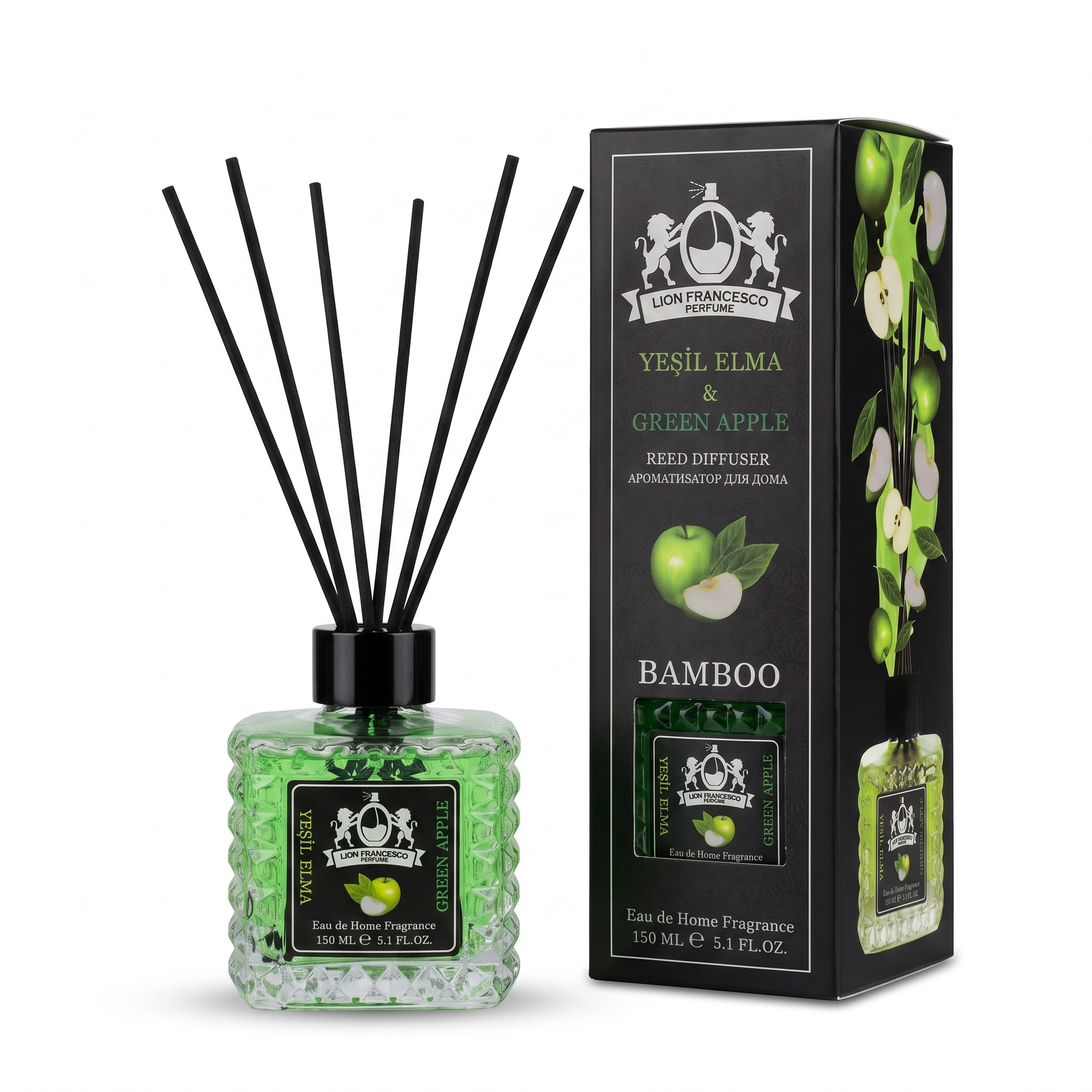 Lion Francesco Green Apple reed diffuser 150 ml with black bamboo reeds and its gift box