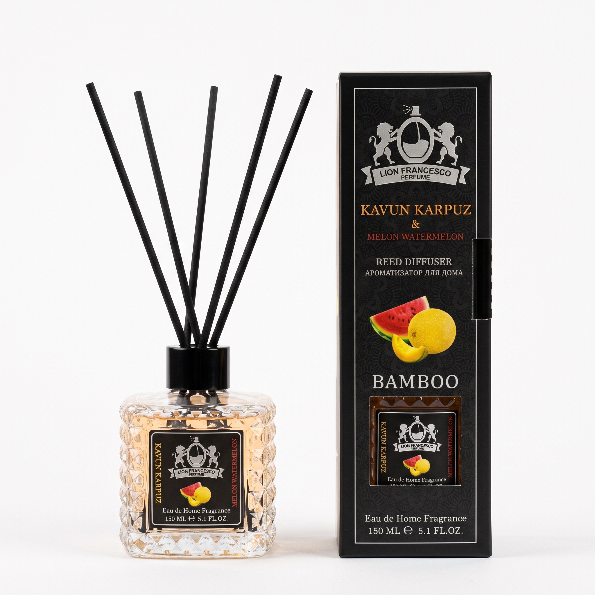 Lion Francesco Melon Watermelon reed diffuser 150 ml with black bamboo reeds and its gift box