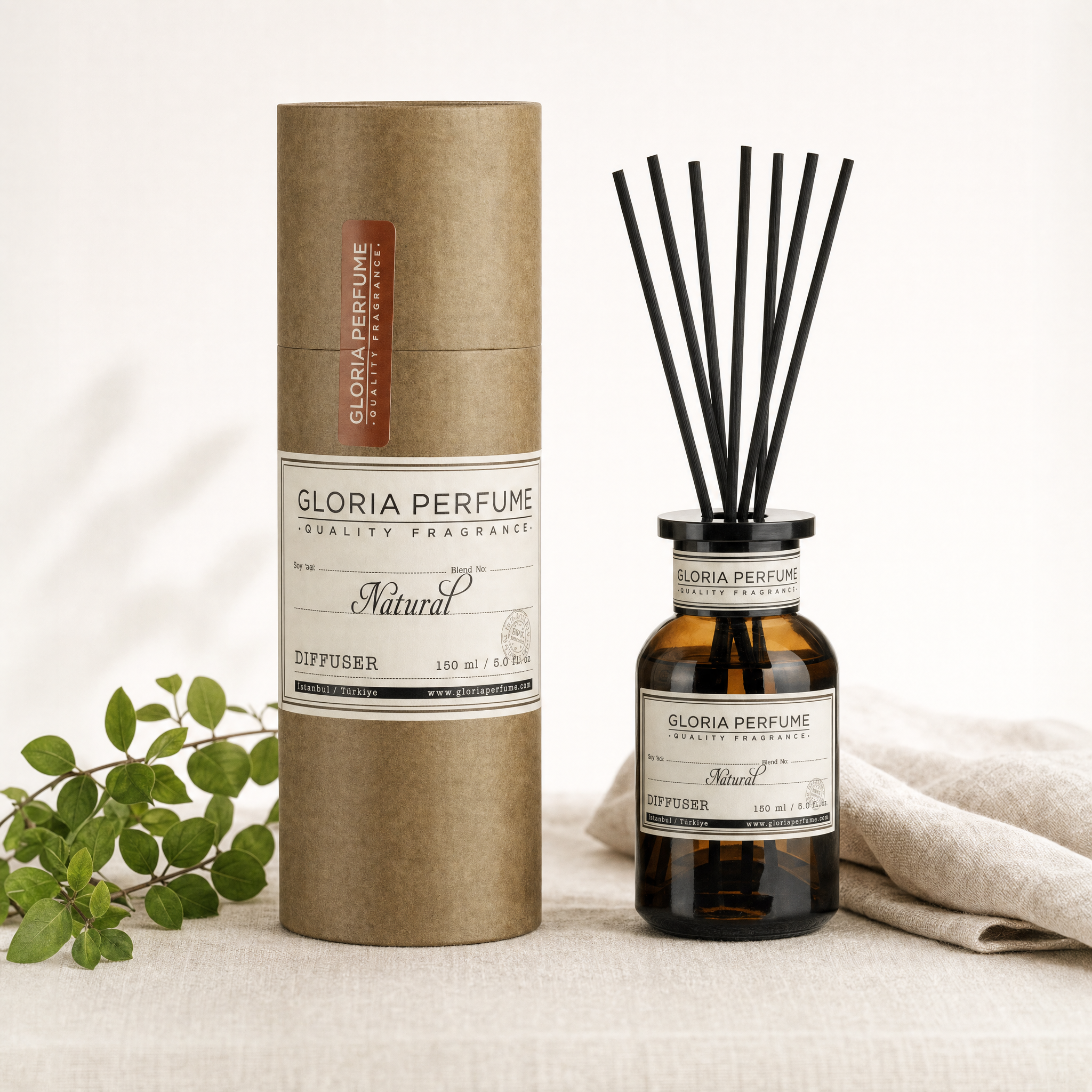 Gloria Perfume Natural reed diffuser 150 ml with packaging tube, lifestyle - Royalsperfume