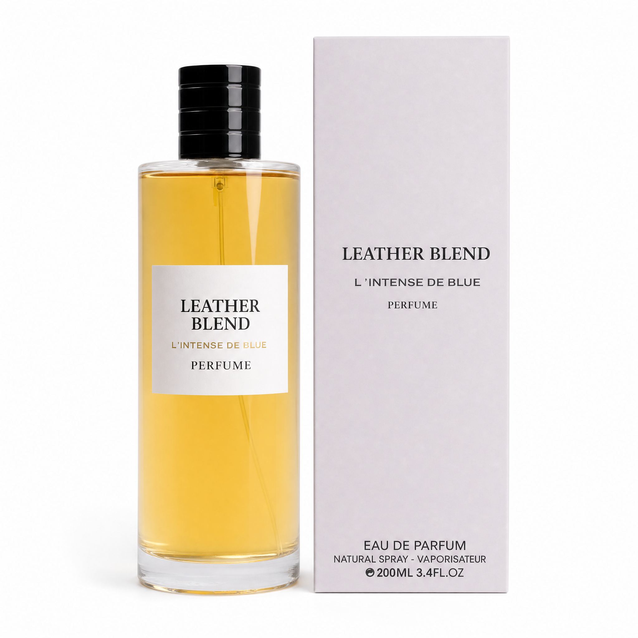 L'intense De Blue Leather Blend EDP 200 ml bottle with retail packaging - Royalsperfume