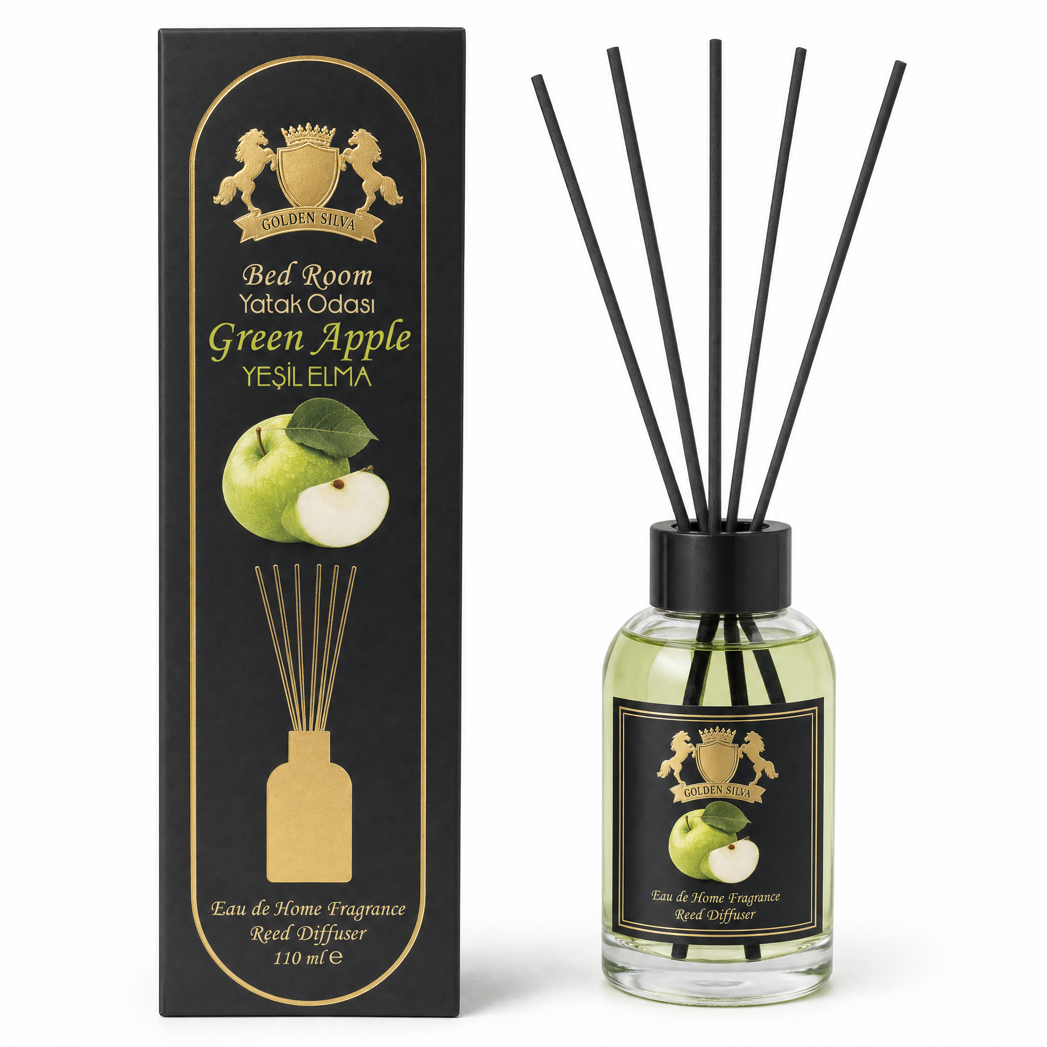 Golden Silva Green Apple home fragrance reed diffuser 110 ml with retail packaging - Royalsperfume