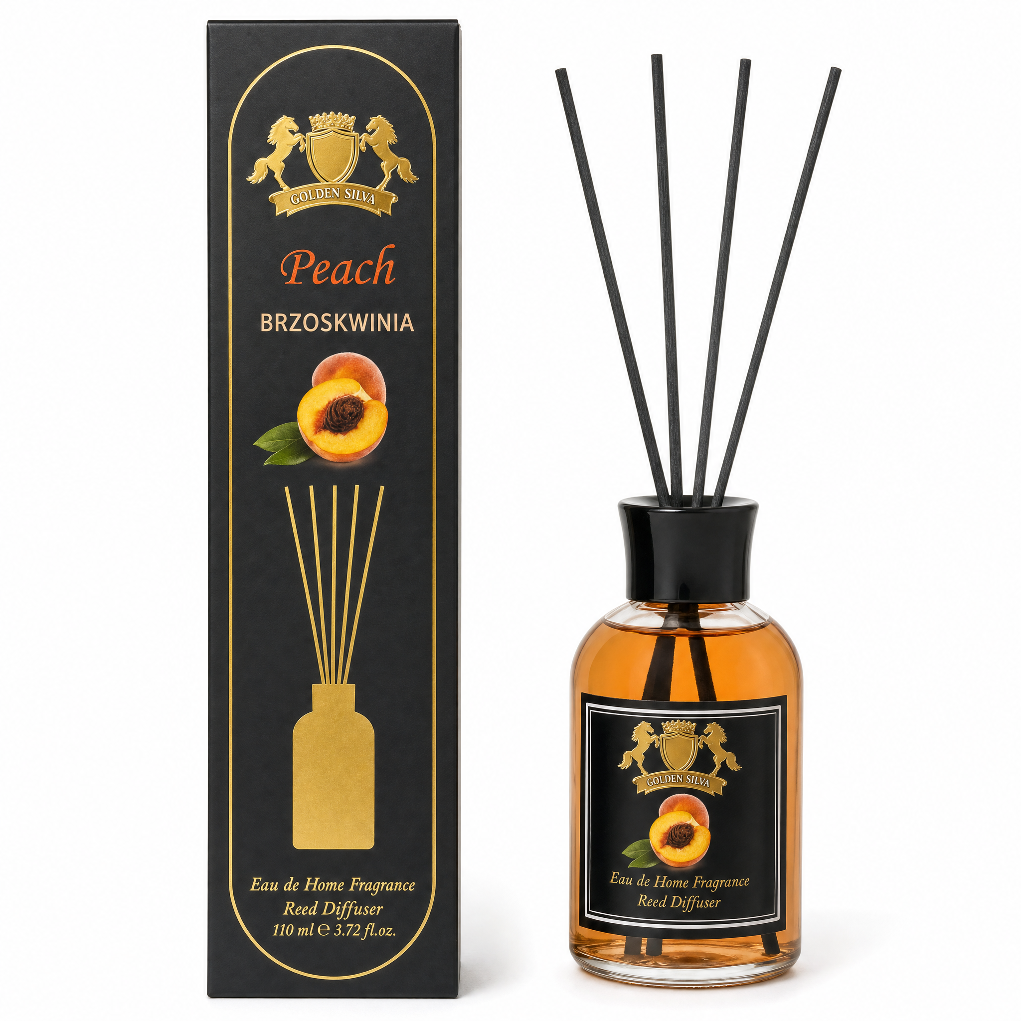 Golden Silva Peach home fragrance reed diffuser 110 ml with retail packaging - Royalsperfume