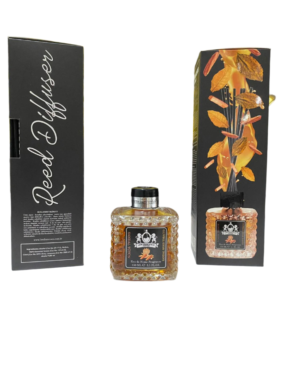 Lion Francesco Sandalwood & Tobacco reed diffuser 150 ml bottle with rattan sticks and black gift box