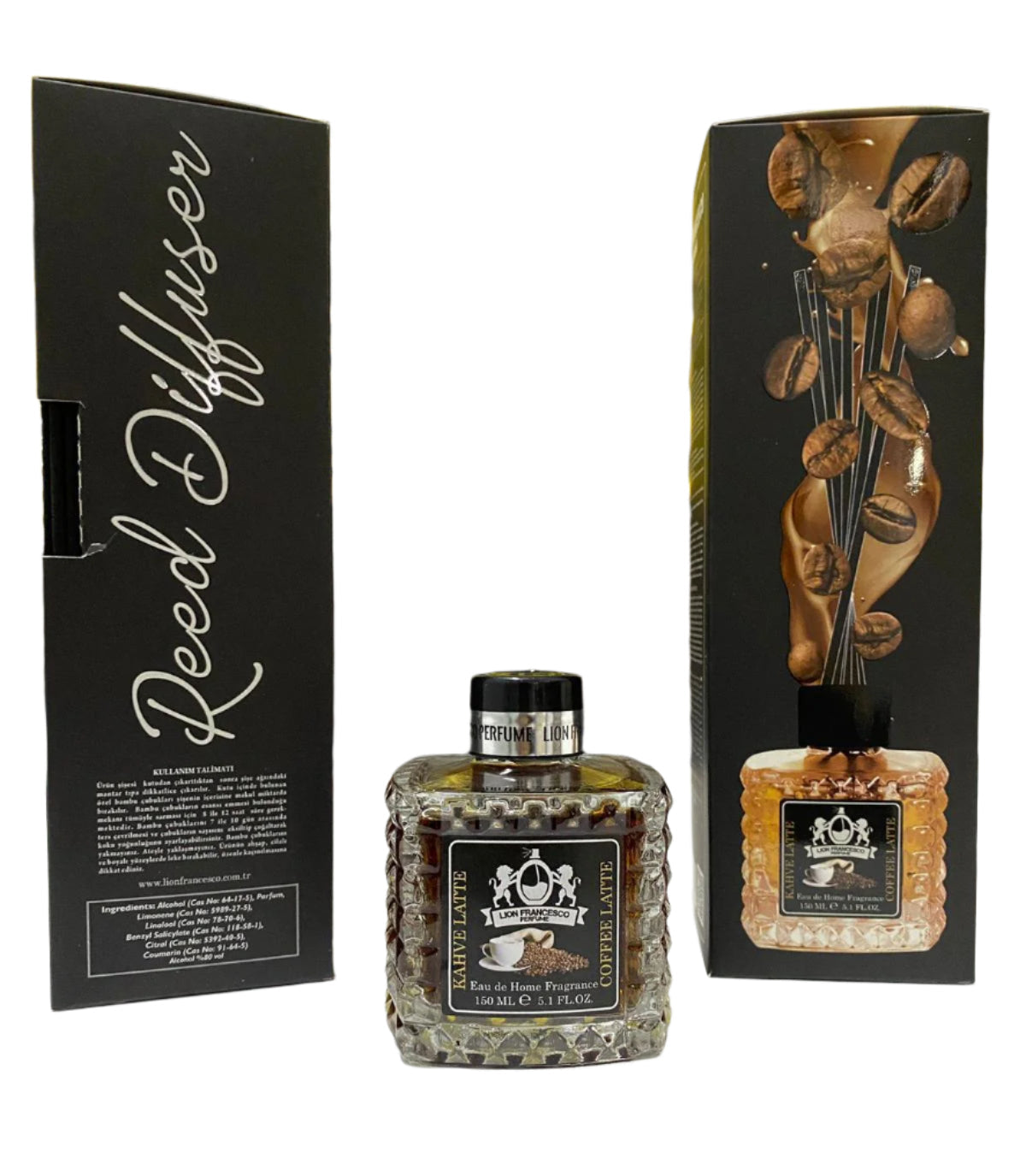 Lion Francesco Coffee Latte reed diffuser 150 ml bottle with rattan sticks, black gift box and coffee beans
