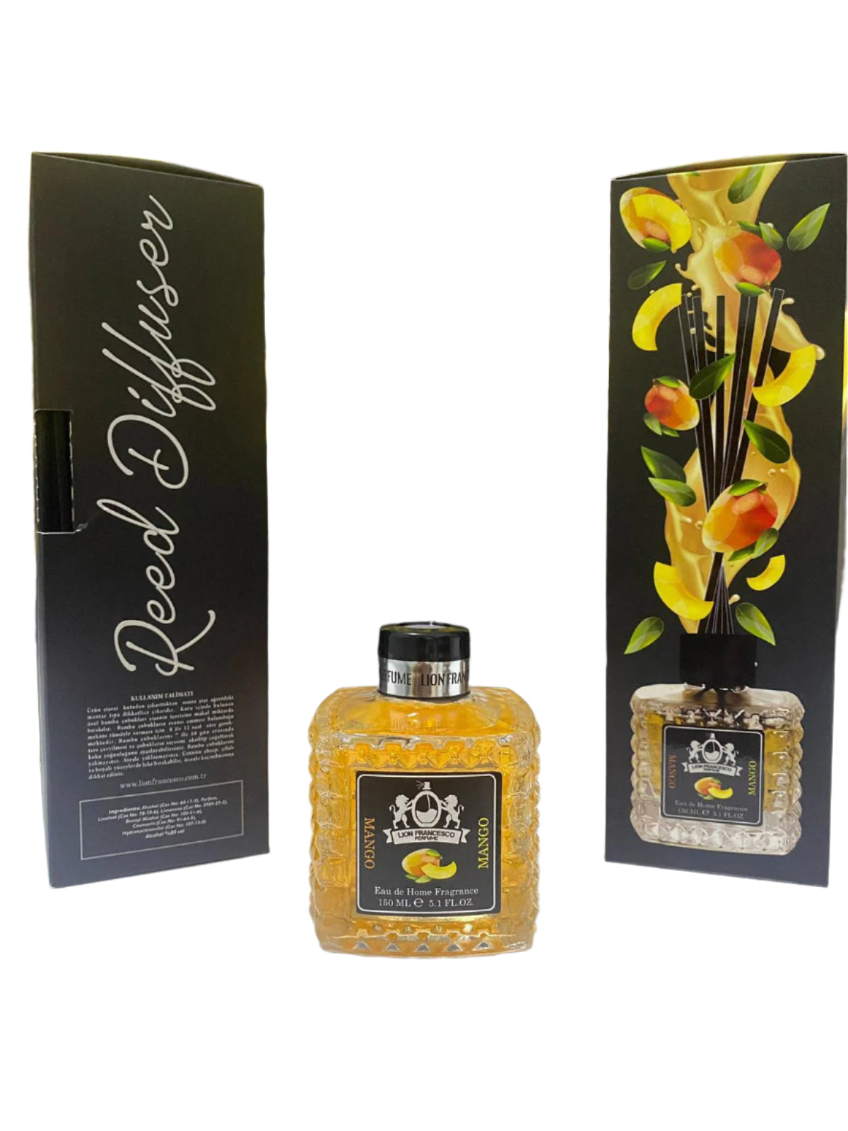 Lion Francesco Mango reed diffuser 150 ml bottle with rattan sticks and black gift box