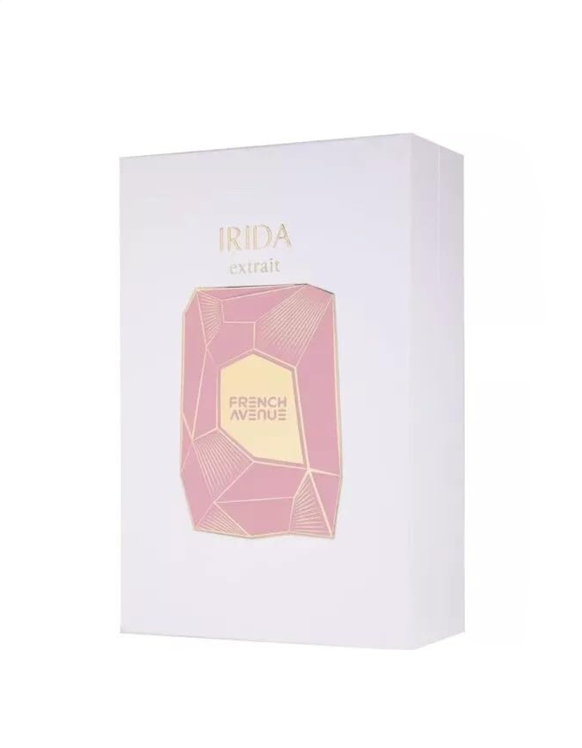 Irida Extrait by Fragrance World EDP — white box printed with a pink gem design and gold IRIDA extrait lettering
