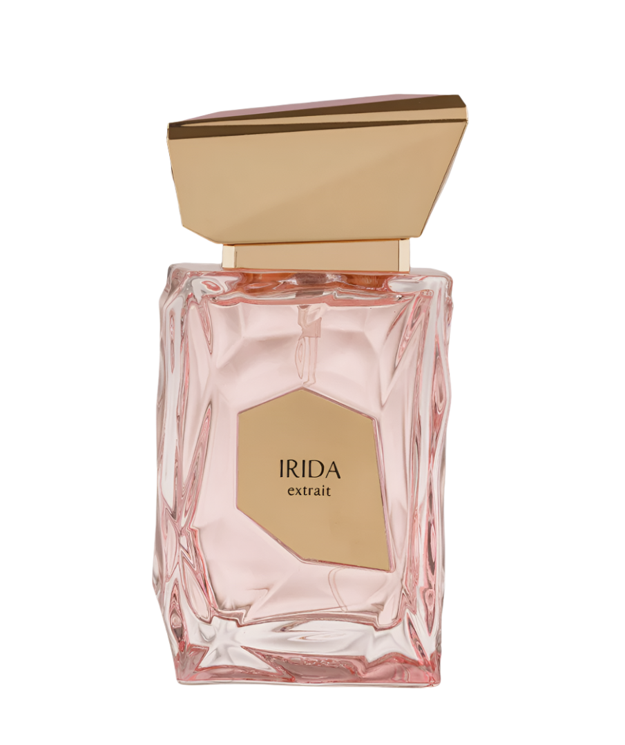 Irida Extrait by Fragrance World EDP — pink faceted glass bottle with gold angular cap and gold hexagonal label