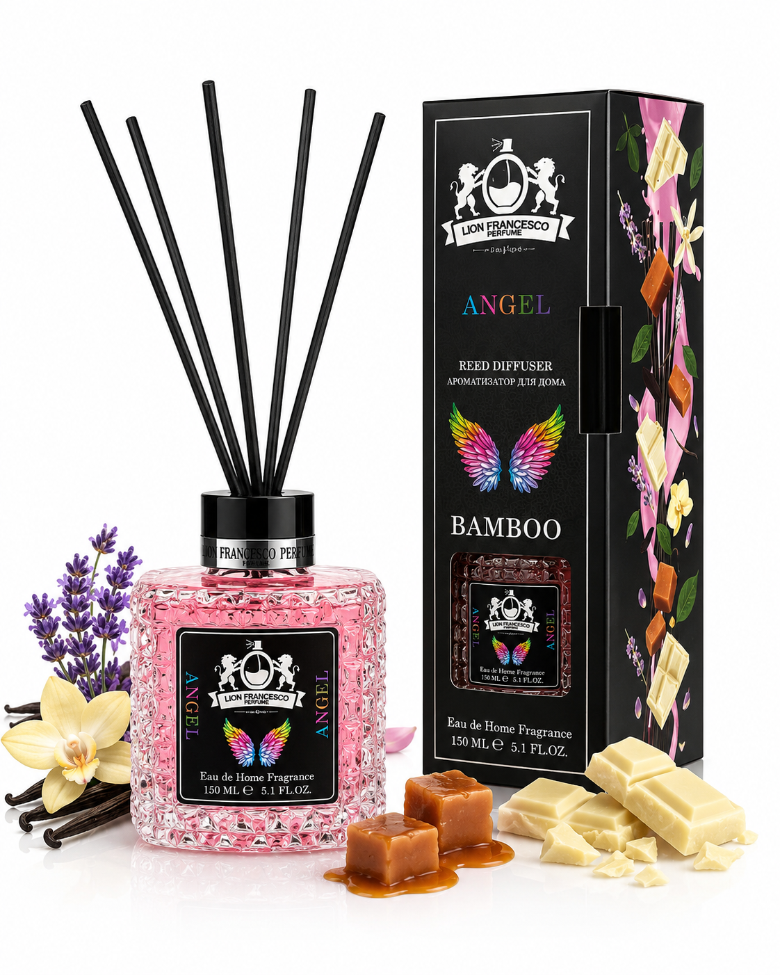 A reed diffuser bottle with pink glitter liquid and black reeds, shown beside its branded black box. The label reads 'Eau de Home Fragrance' and 'BAMBOO', with 'ANGEL' as the scent name.