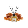 Lion Francesco Caramel reed diffuser 150 ml bottle with rattan sticks surrounded by caramel pieces