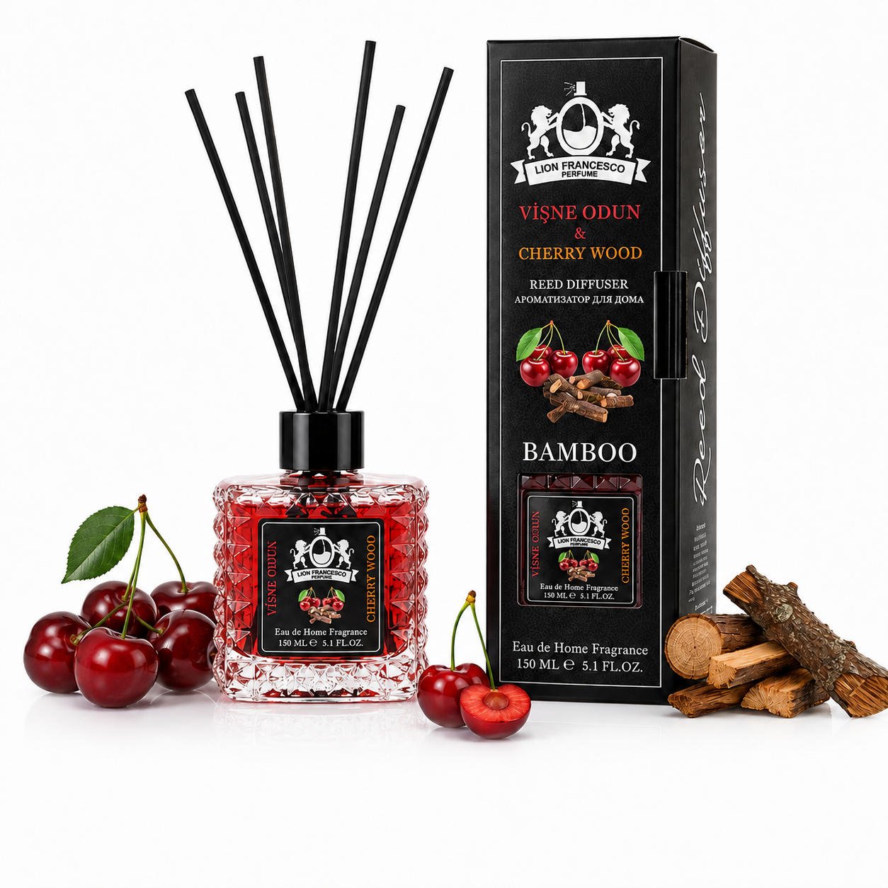 Lion Francesco Cherry & Wood reed diffuser 150 ml with black bamboo reeds and its black gift box
