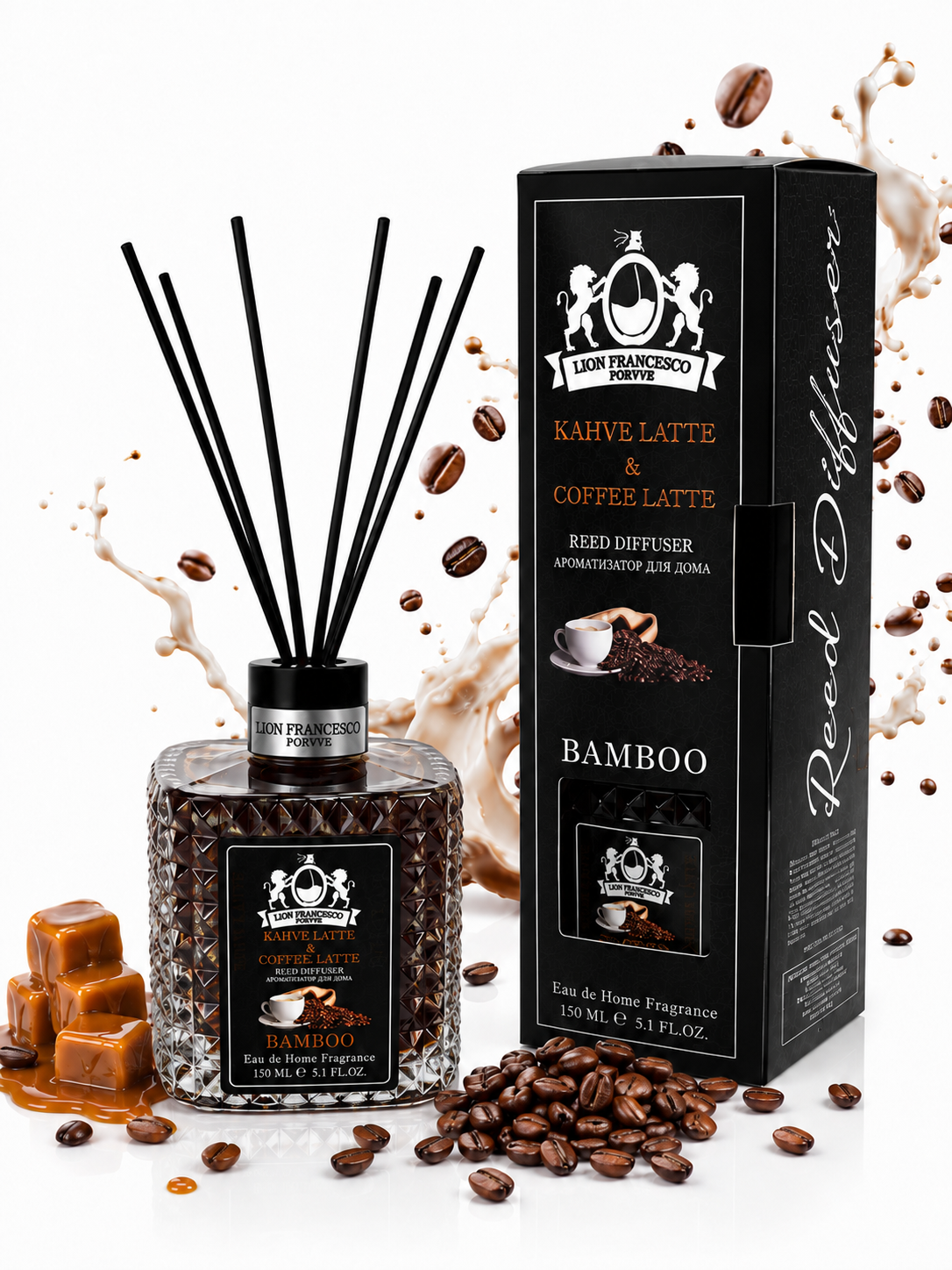 A reed diffuser bottle filled with coffee beans and black reeds, shown next to its black branded box on a white background with coffee beans, caramel cubes, and a splash graphic.
