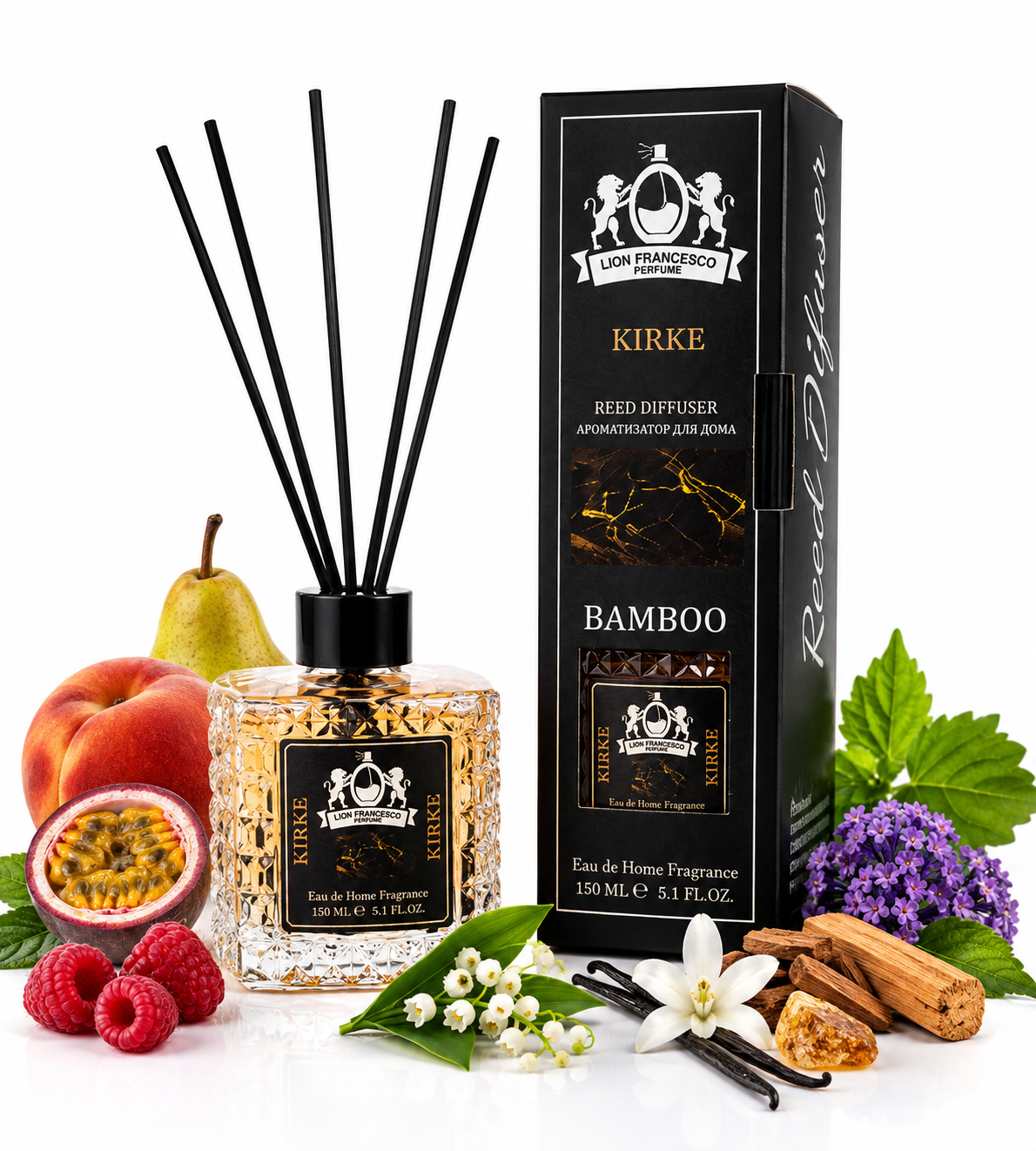 A reed diffuser bottle with black reeds and a matching black retail box, styled with fruit, flowers, vanilla beans, cinnamon, and purple blossoms on a white background. The packaging reads San Francisco Perfume, Kirke, and Bamboo.