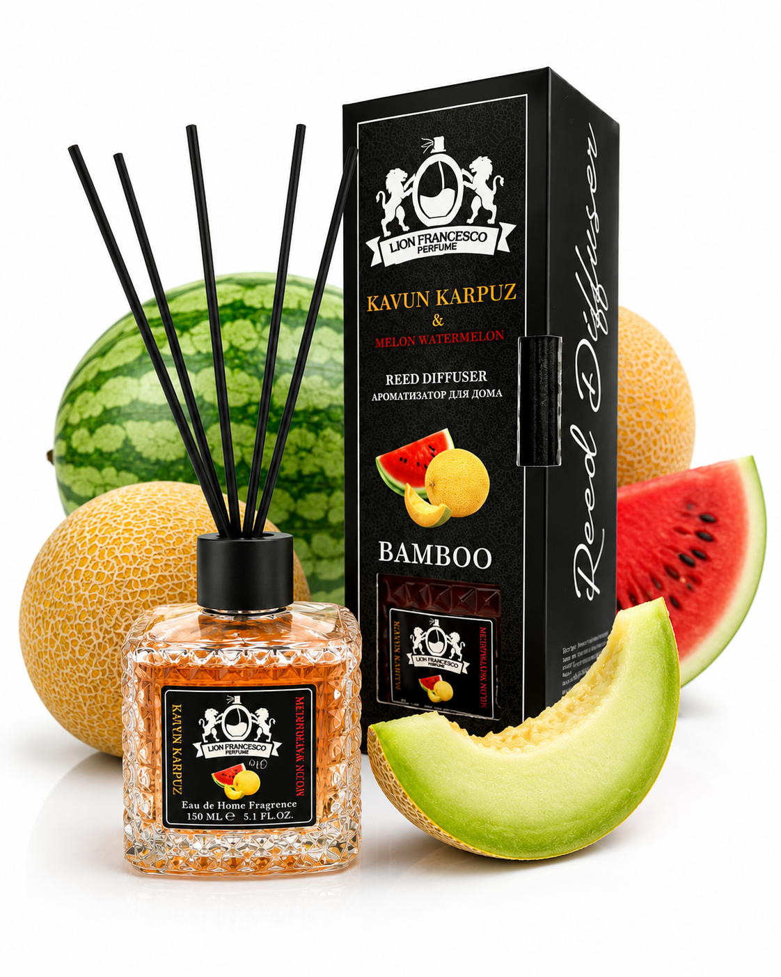 A reed diffuser bottle with black reeds and a black label, shown next to its black branded box. The scene is styled with melon slices and watermelon wedges on a white background.