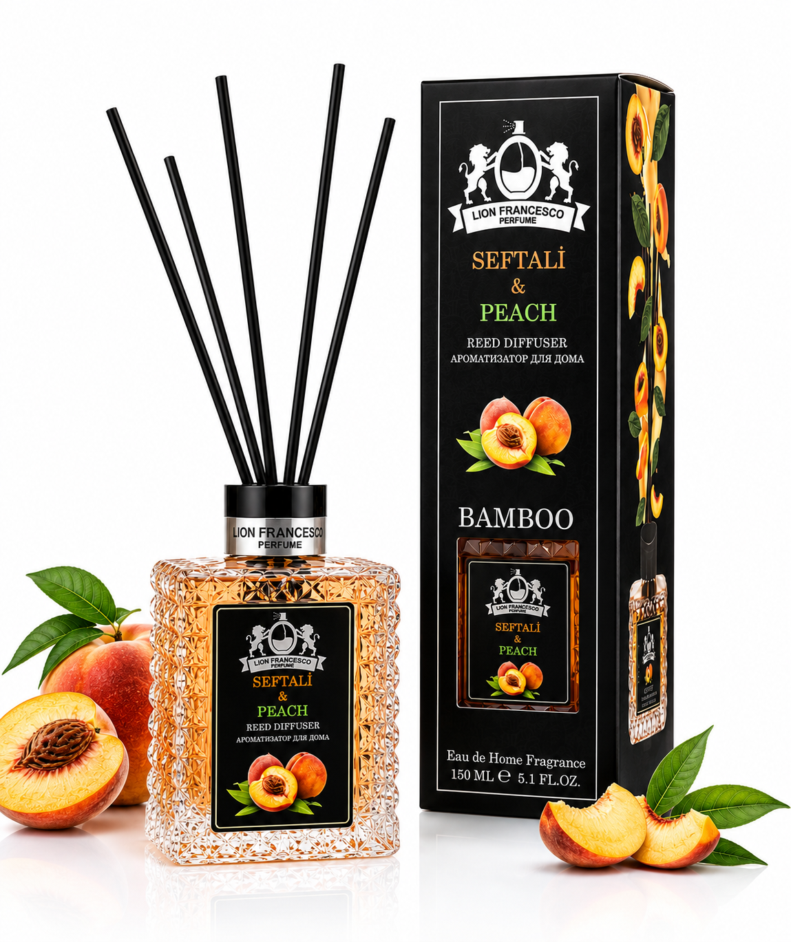 A reed diffuser bottle with black reeds and a matching black retail box, both labeled Lion Francisco Seftali & Peach, shown on a white background with peach slices and leaves as props.
