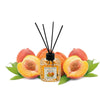Lion Francesco Peach reed diffuser 150 ml bottle with rattan sticks surrounded by fresh peaches