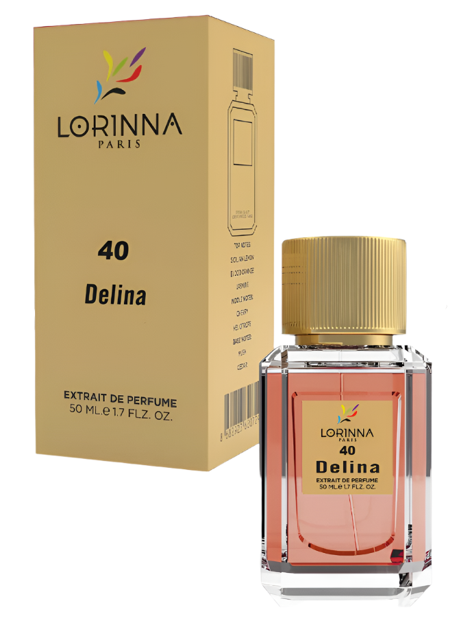 Lorinna 040 Delina Extrait de Parfum 50ml bottle and packaging featuring a fruity floral fragrance with litchi, rose and cashmeran notes.