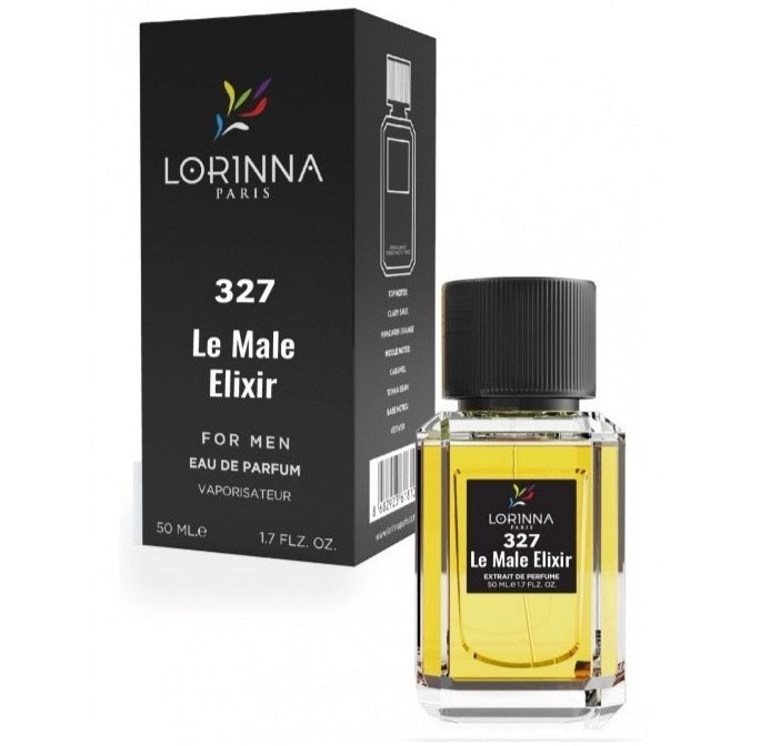 Lorinna Paris No.327 Le Male Elixir Extrait de Parfum for Men 50ml bottle and black packaging, featuring a sophisticated aromatic gourmand fragrance with lavender, vanilla, and tobacco notes.