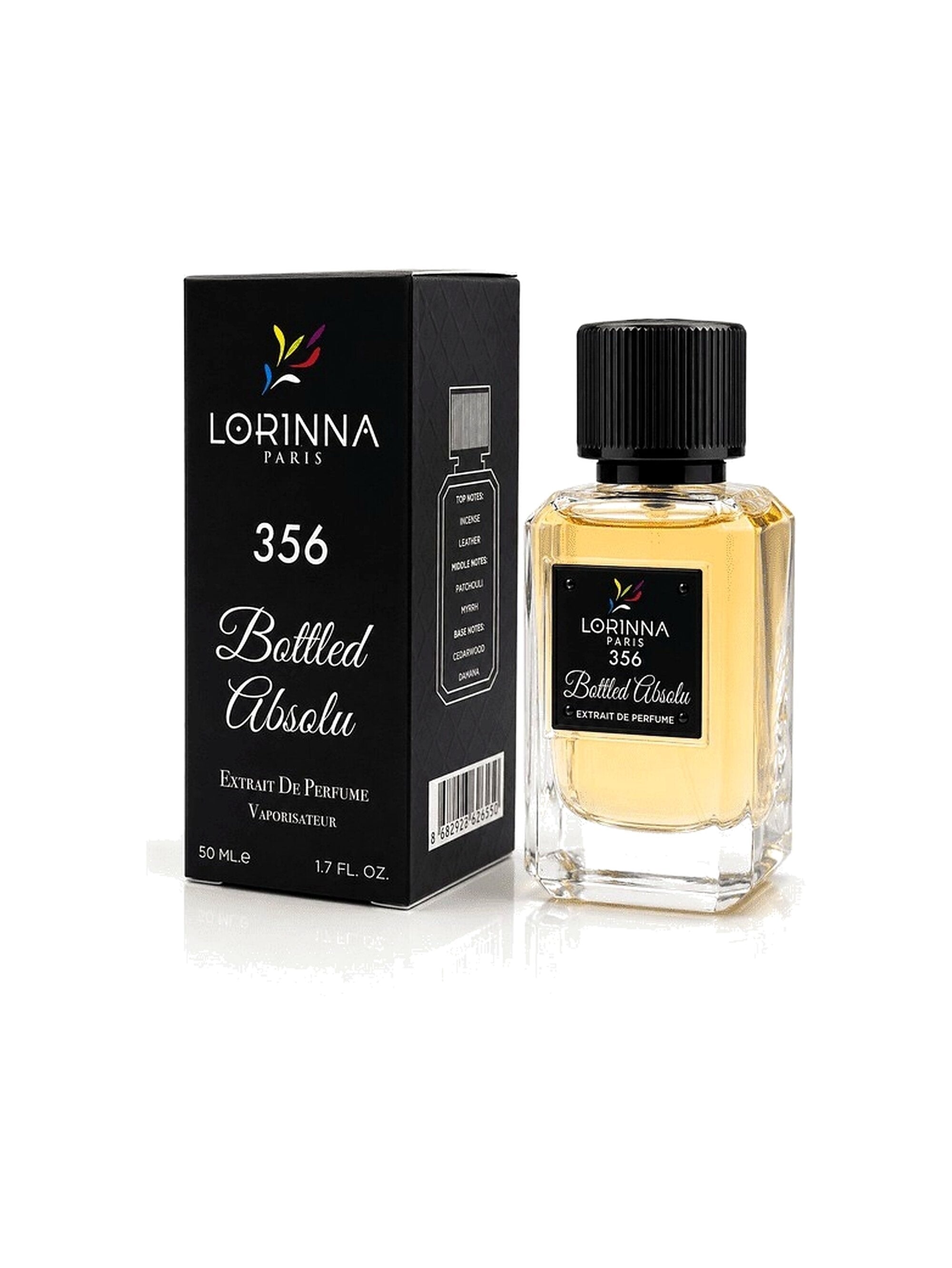 Lorinna Paris No.356 Bottled Absolu Extrait de Parfum for Men 50ml bottle with black cap displayed next to its black luxury packaging box.