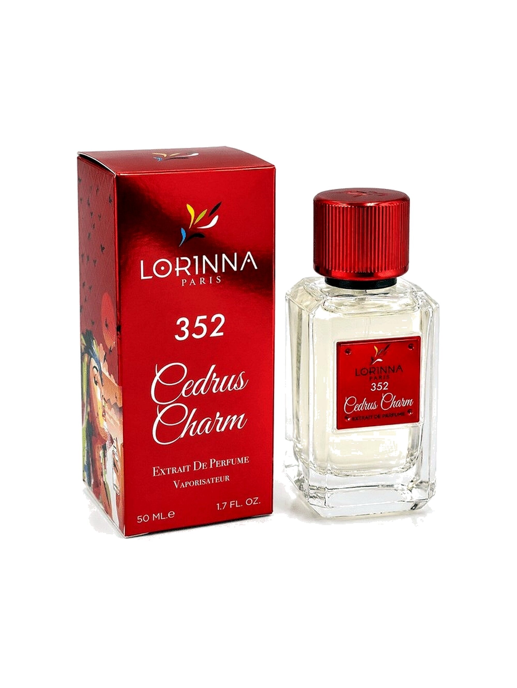 Lorinna Paris Cedrus Charm No.352 Extrait de Parfum for Women 50ml bottle and red packaging, featuring a luxurious vanilla floral fragrance with Bourbon vanilla, orange blossom, and warm aromatic accords.