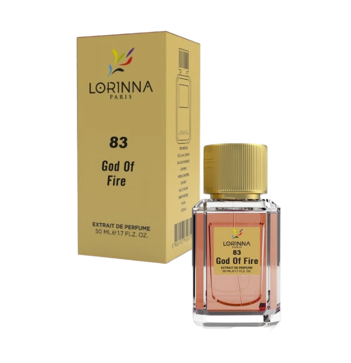 Lorinna Paris 83 Good Of Fire perfume in a 50 mL bottle with a gold cap and pink fragrance, displayed next to its matching gold box on a white background.