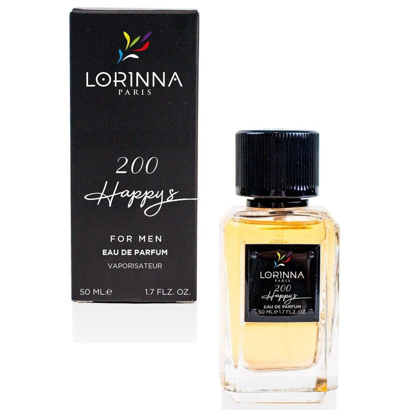 Lorinna Paris Happy’s Extrait de Parfum 50ml bottle and black packaging box, featuring a fresh citrus and woody fragrance for men.