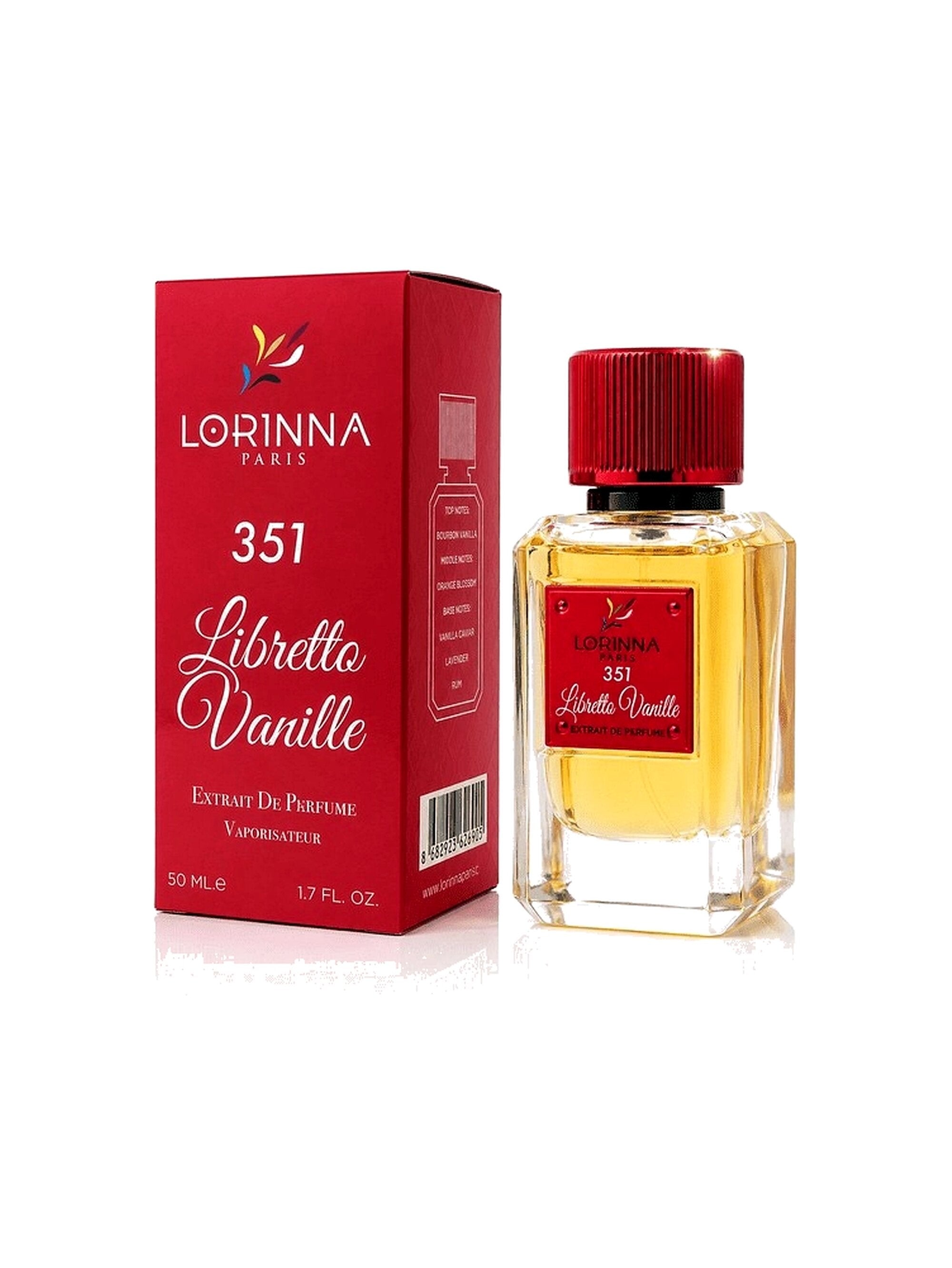 Lorinna Paris Libretto Vanille No.351 Extrait de Parfum for Women 50ml bottle and red packaging, featuring a luxurious vanilla floral fragrance with Bourbon vanilla, orange blossom, and rum accords.