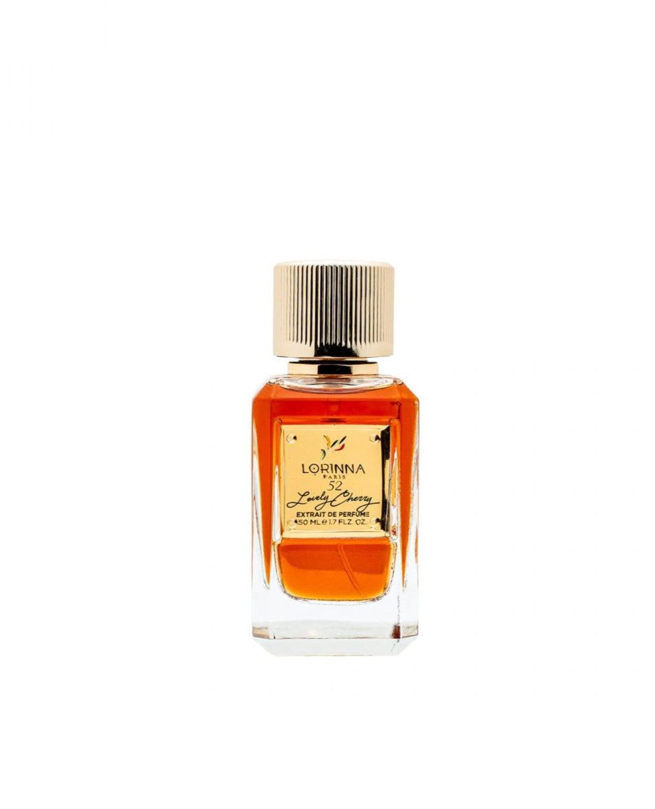 A glass bottle of Lorinna Paris fragrance with a wooden cap and a label that includes the product name 'Lovely Cherry 52'.